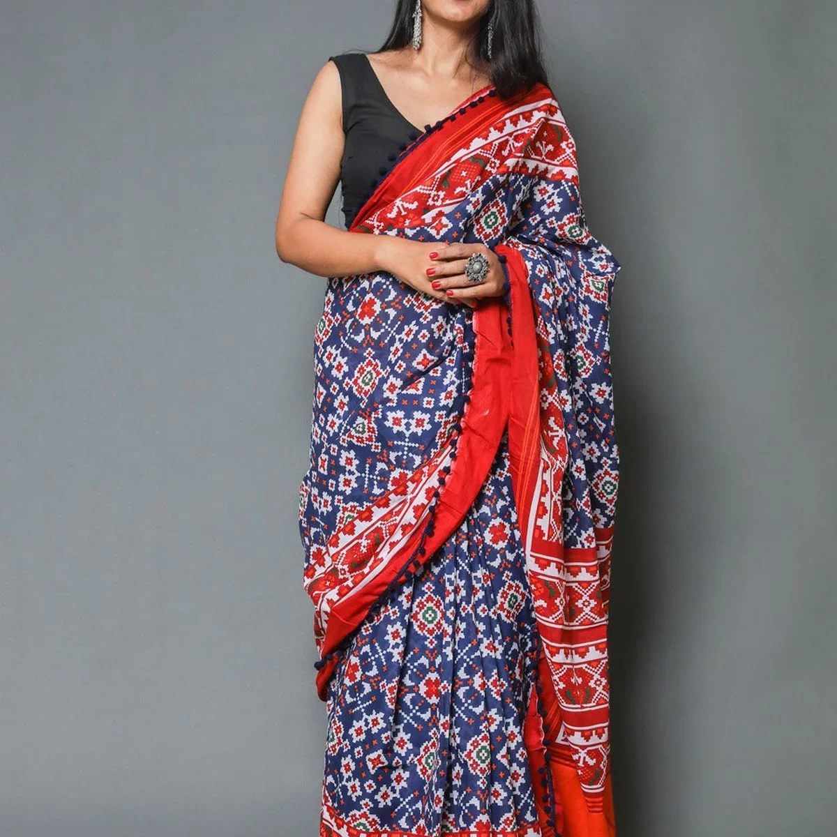 Blue & Red Mix Block Print Mul Cotton Saree with Blouse