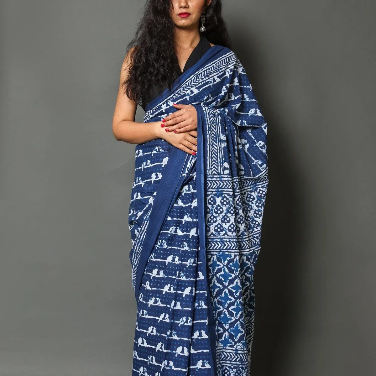 Indigo Bird Pair Block Print Cotton Saree with Blouse Piece