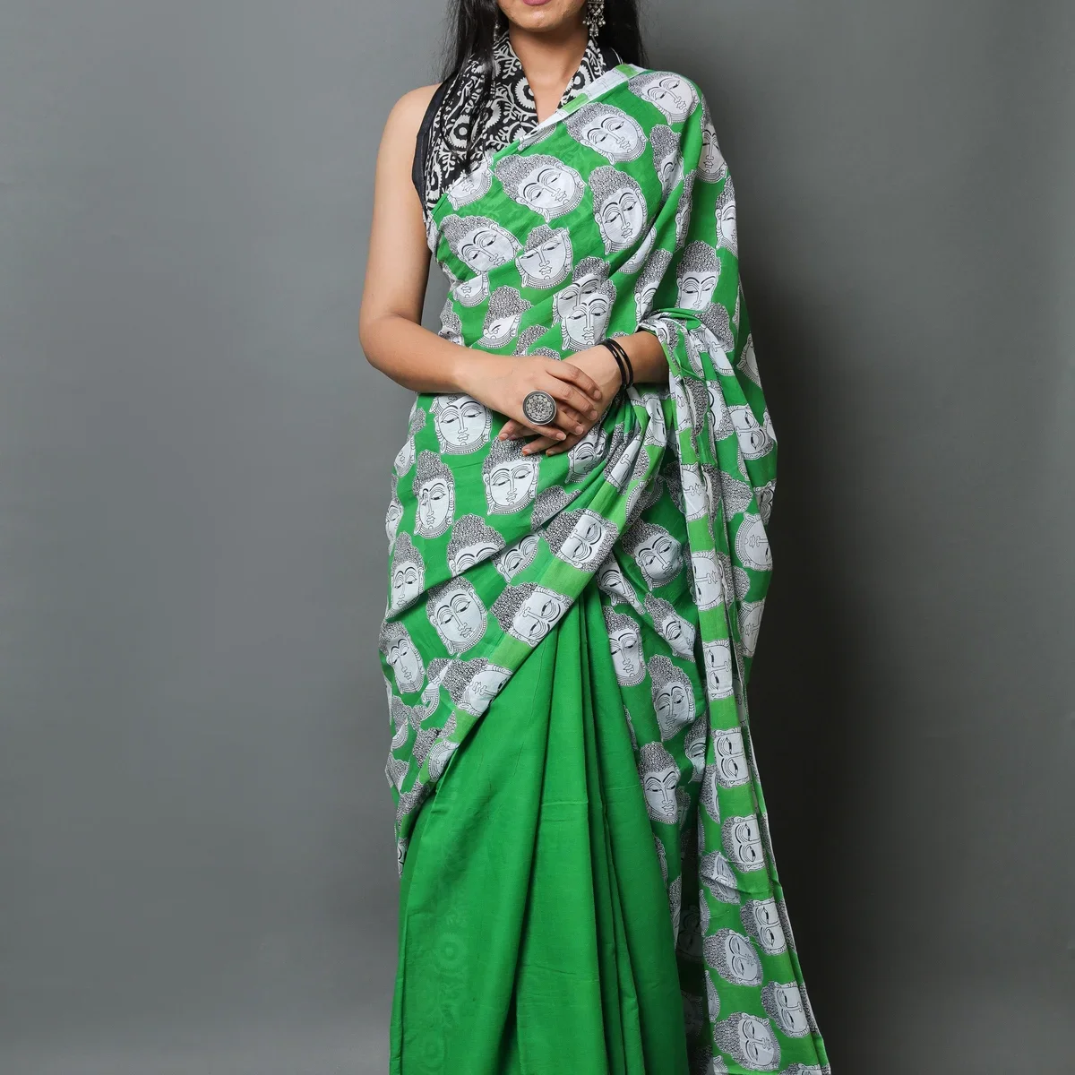 Green Buddha Block Print Mul Cotton Saree with Blouse Piece