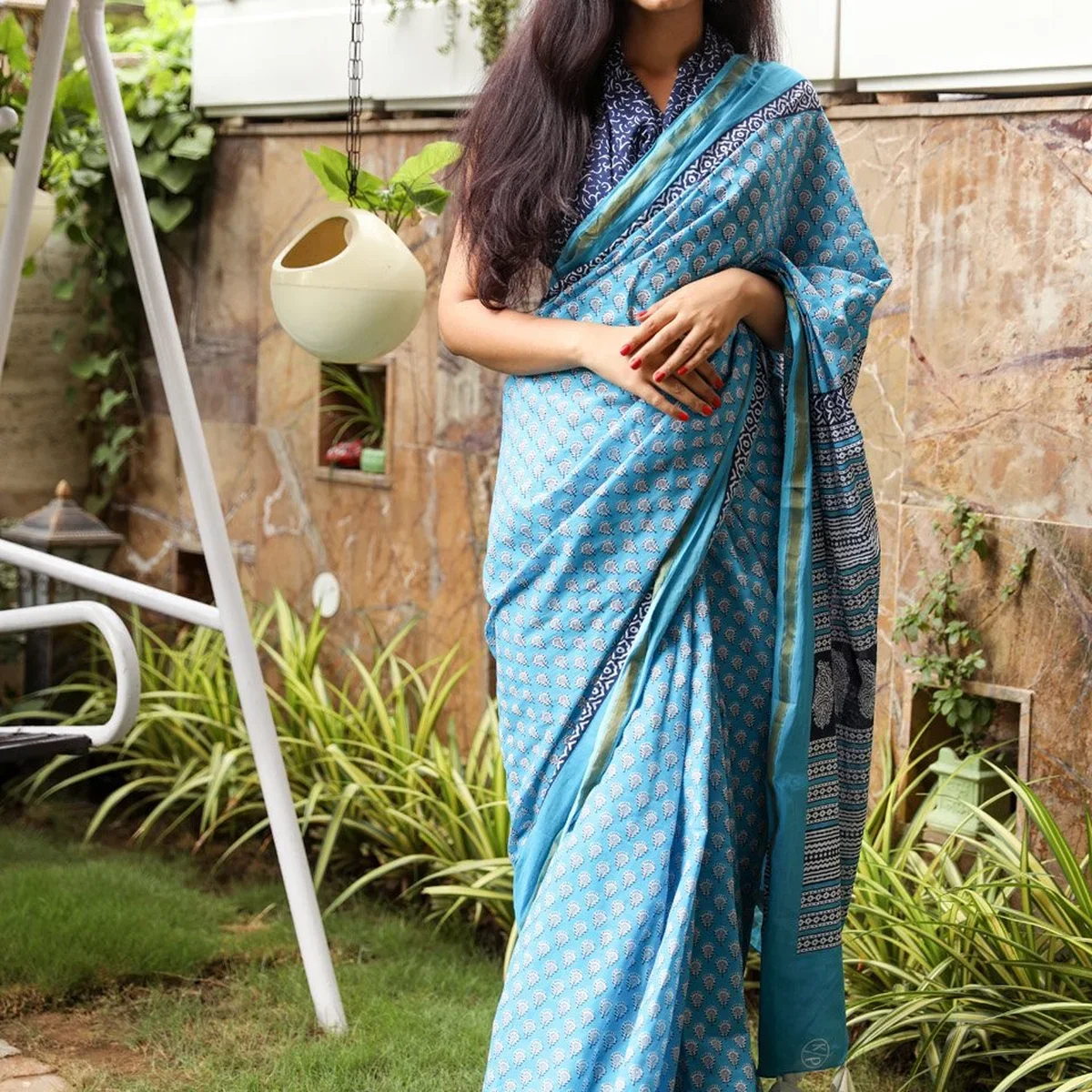 Turquoise Block Butti Print Mul Cotton Saree with Blouse Piece image 1