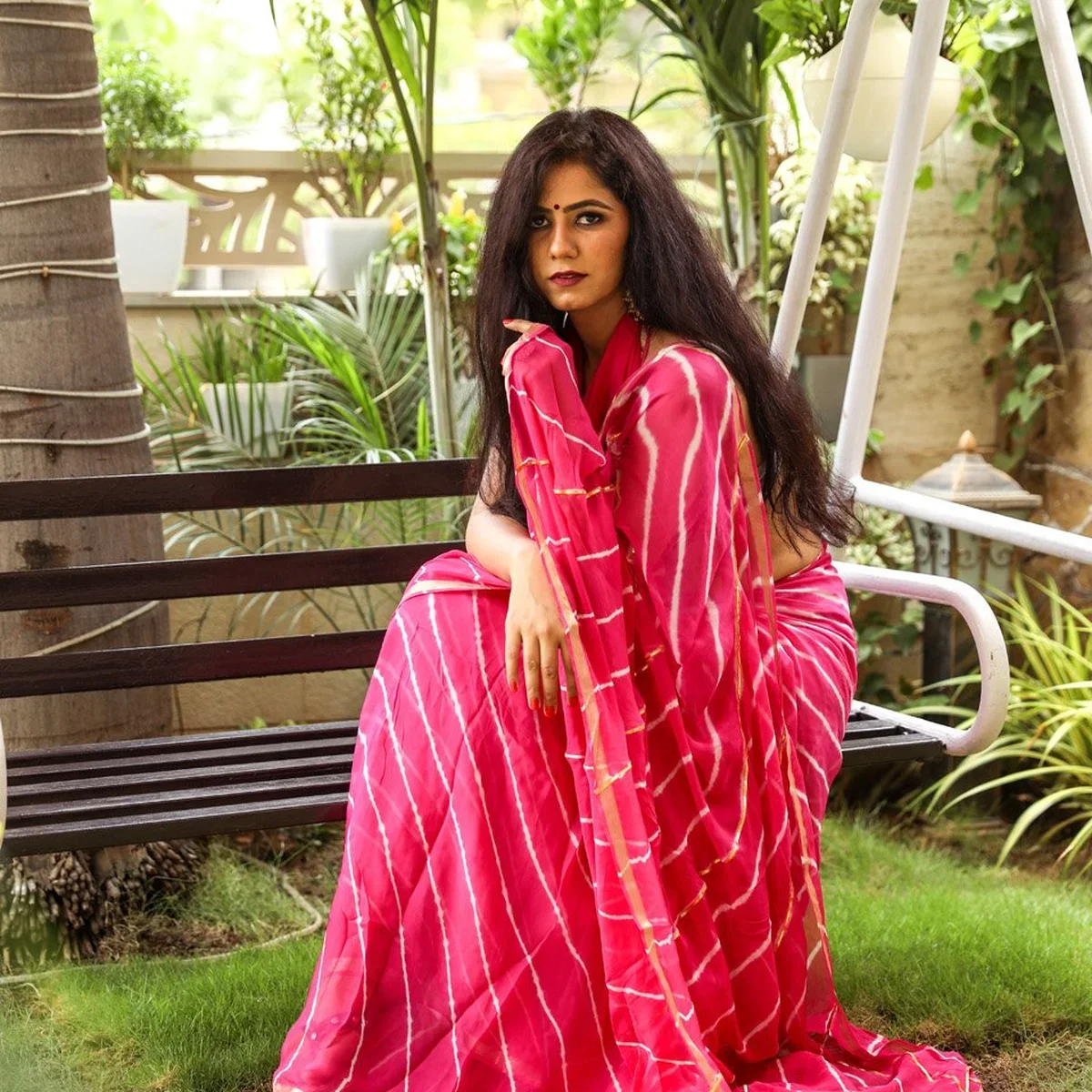 Pink Lahariya Gota Work Chiffon Saree with Blouse Piece image 1