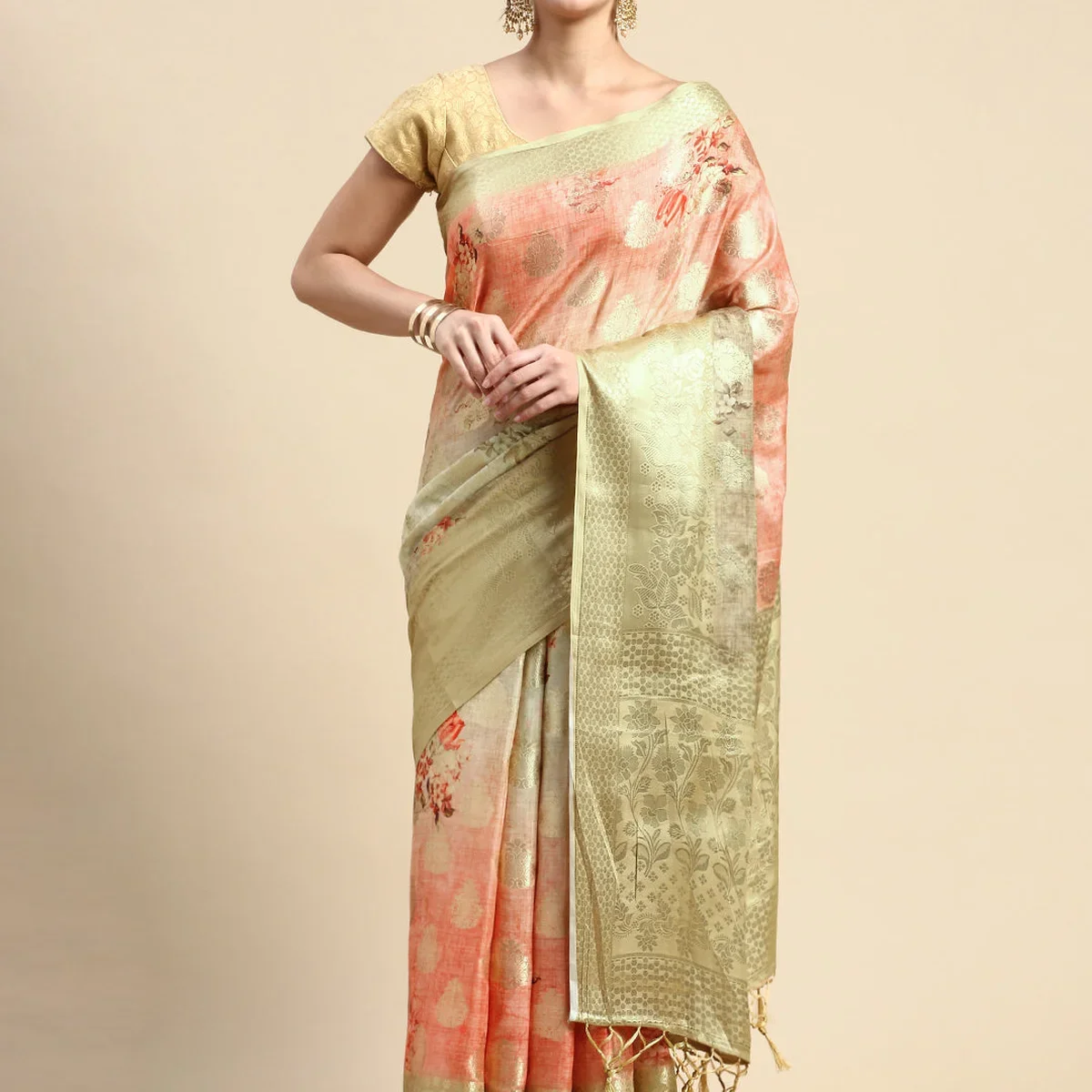 Semi Tussar Peach & Green Flower Printed Saree with Tassels STP16 image 1