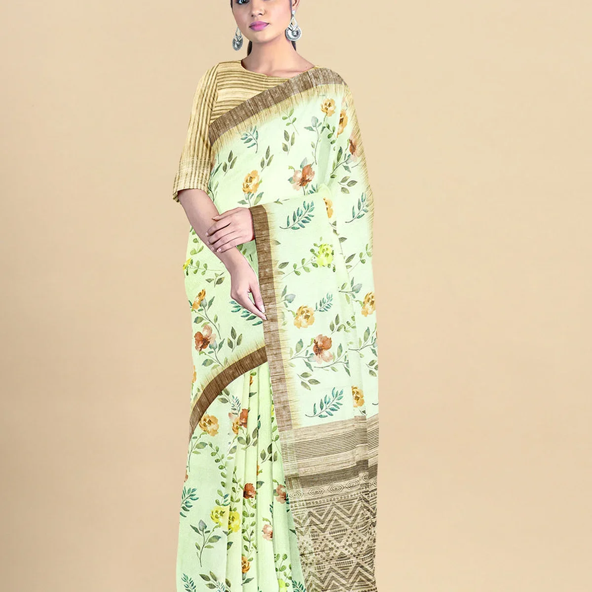 Semi Cotton Sandal & Green Flower Printed Saree CPS24 image 1