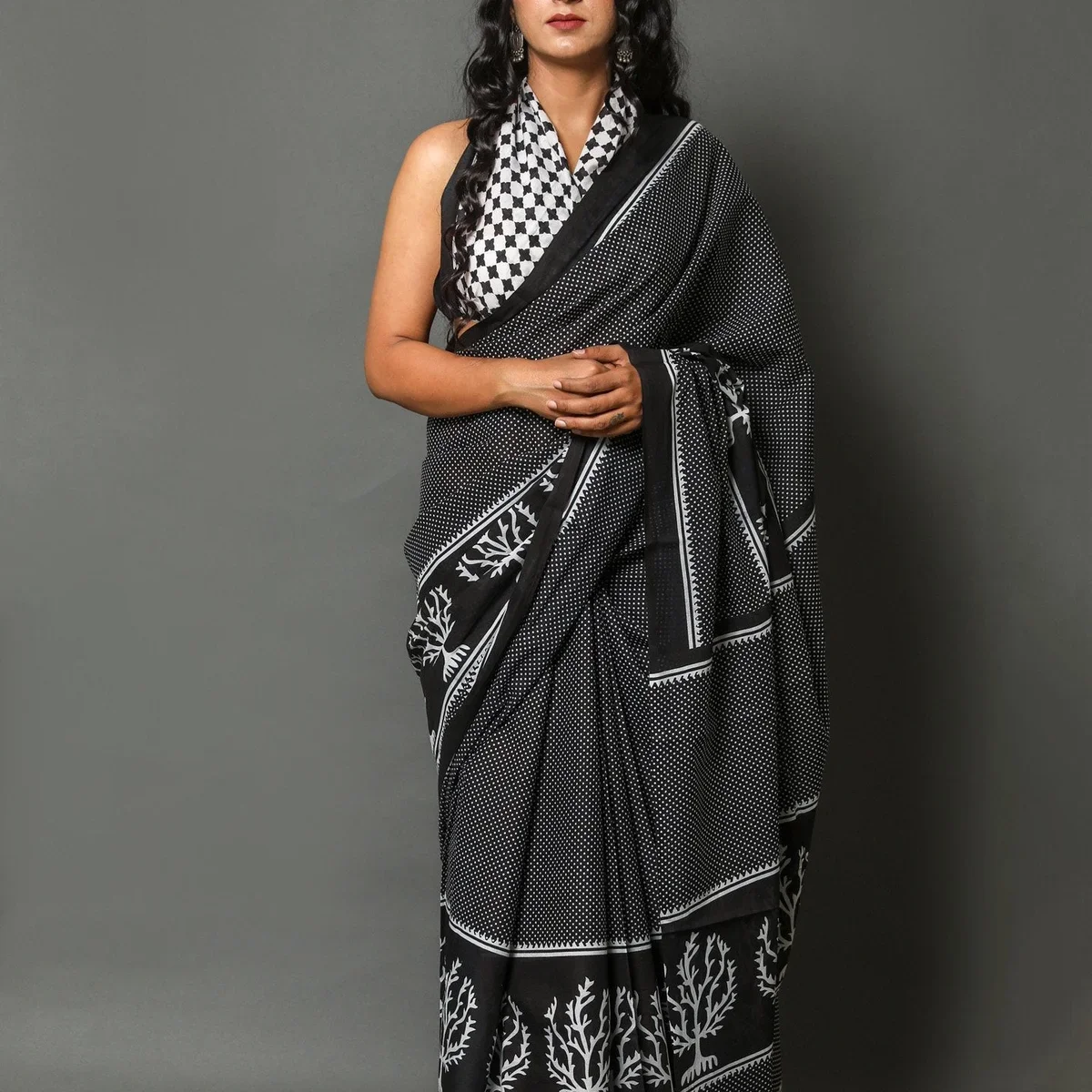 Black Block Printed Cotton Sari with Blouse Piece image 1