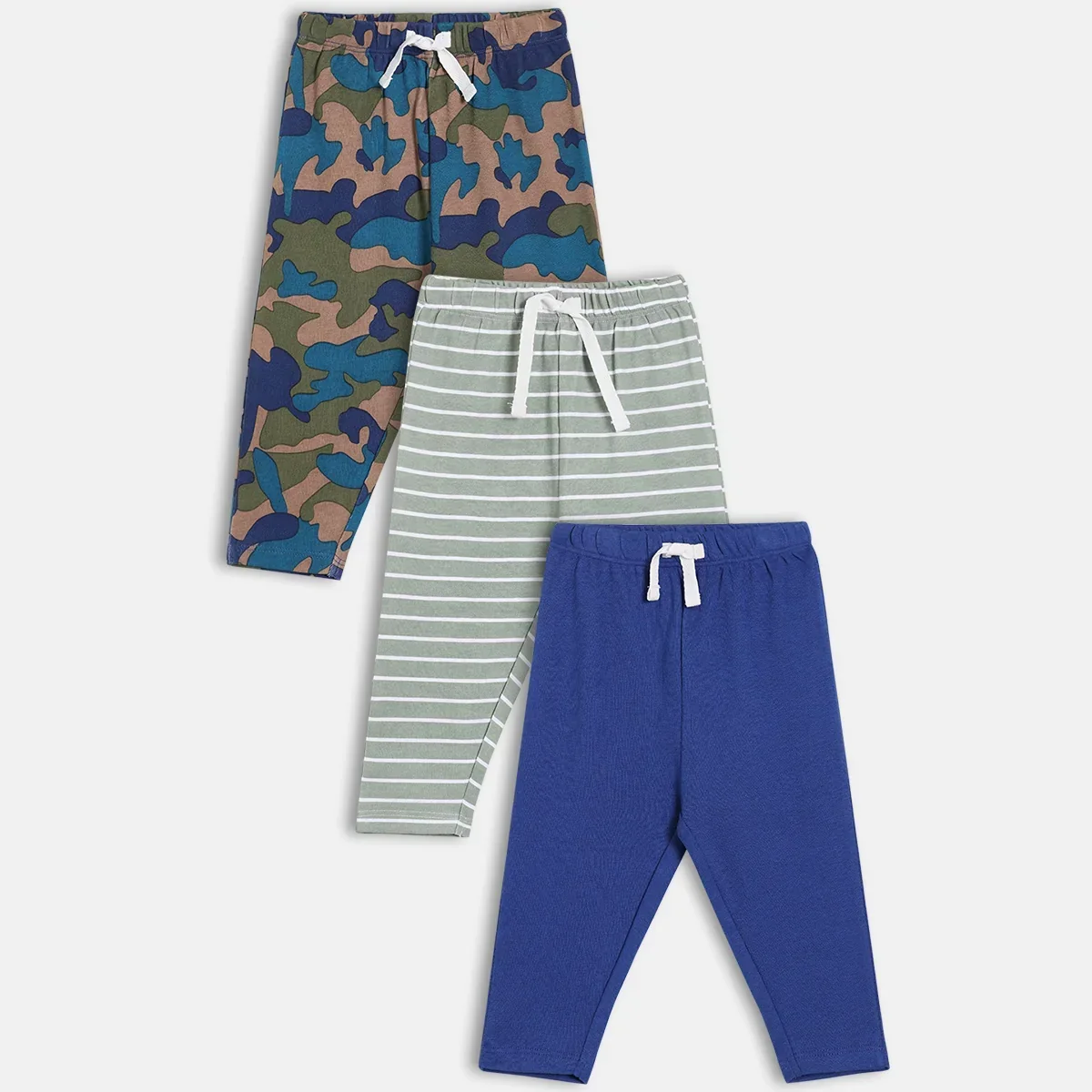 Baby Boys Pack Of 3 Cotton Printed Knit Bottom, Blue & Grey image 1