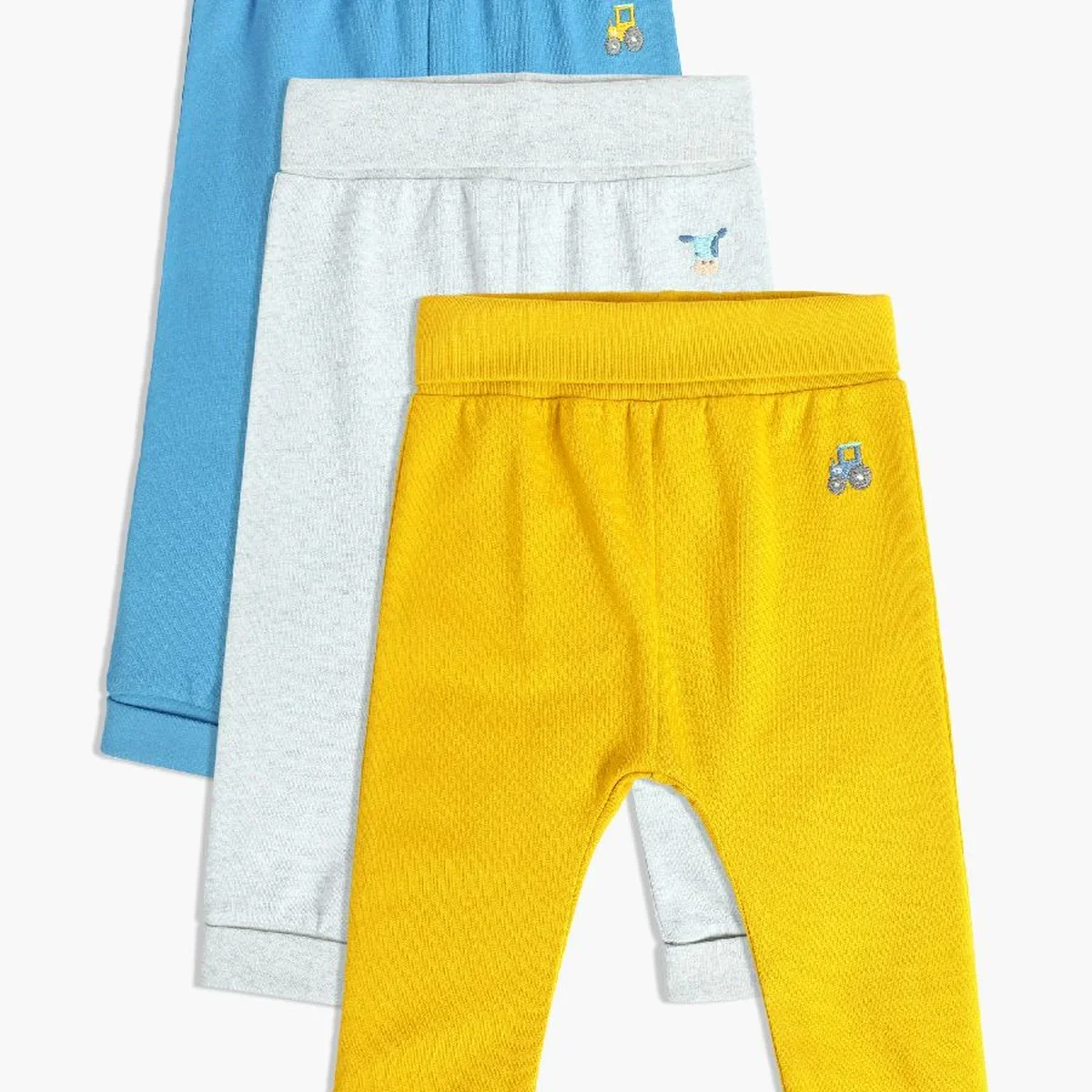 Baby Boys Pack of 3 Embroidered Knit Jogger Bottoms, Yellow, Blue & Grey image 1