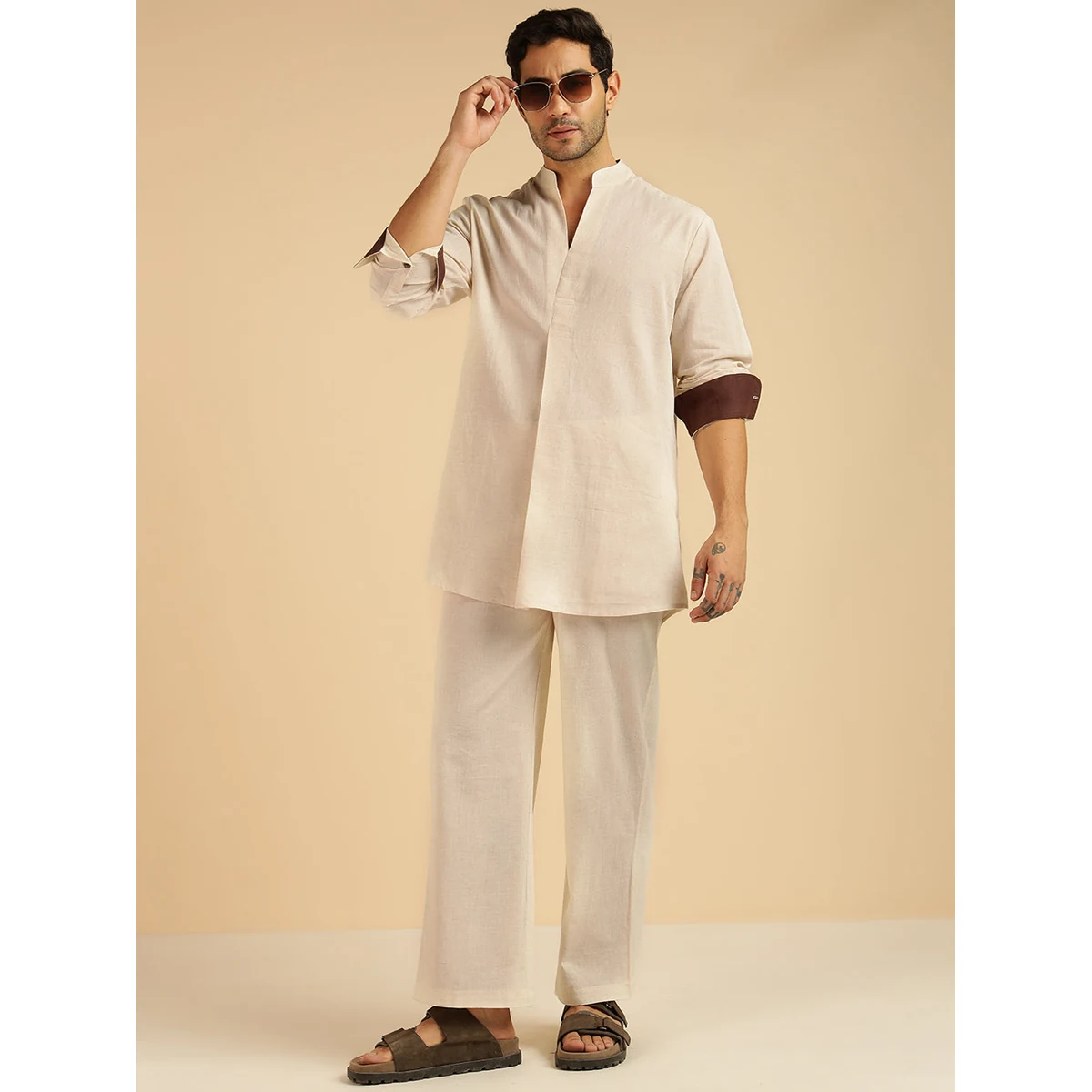 Premium Off White Solid Pure Cotton Shirt With Pants Co-Ord Set for Men