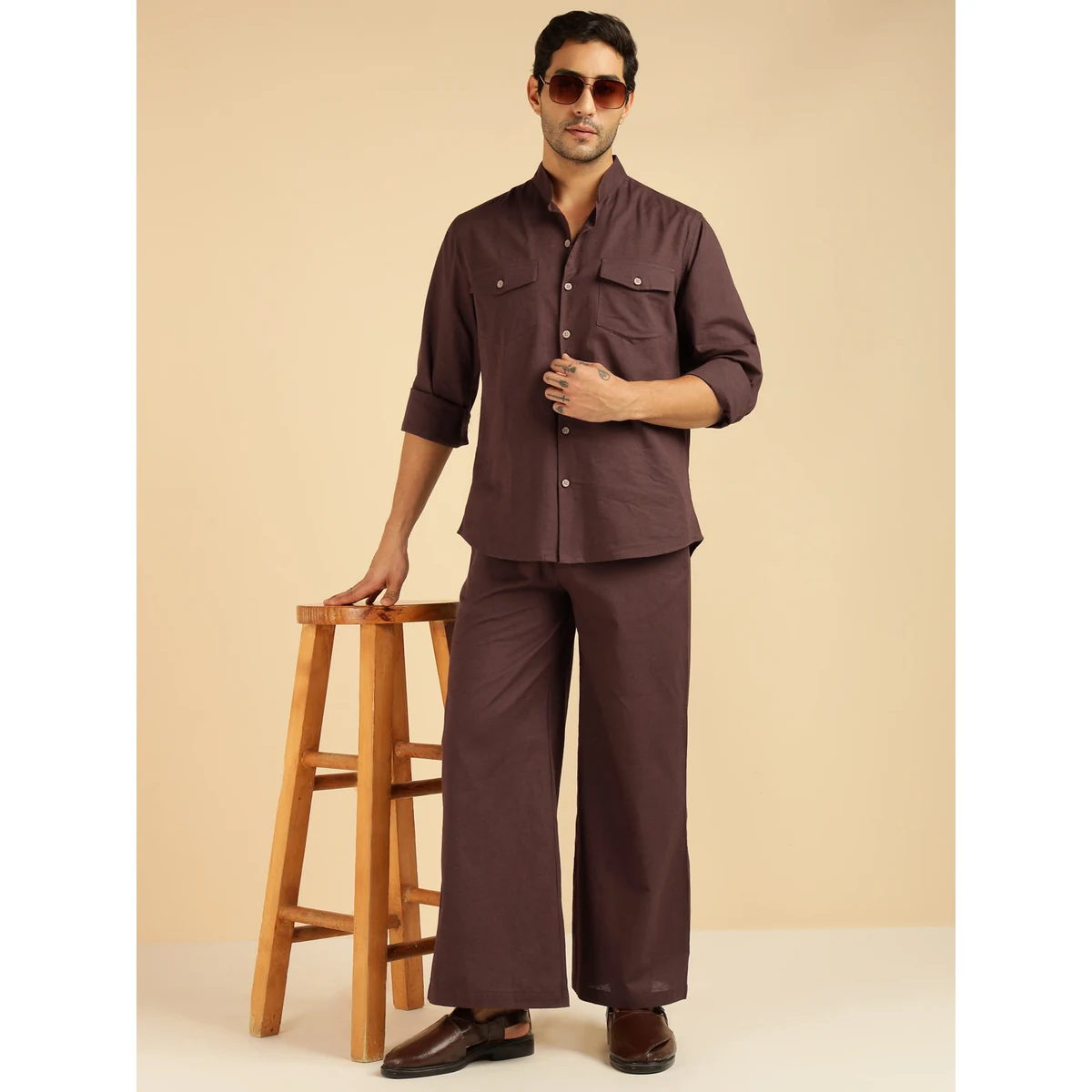 Premium Brown Solid Pure Cotton Shirt With Pants Co-Ord Set for Men image 1