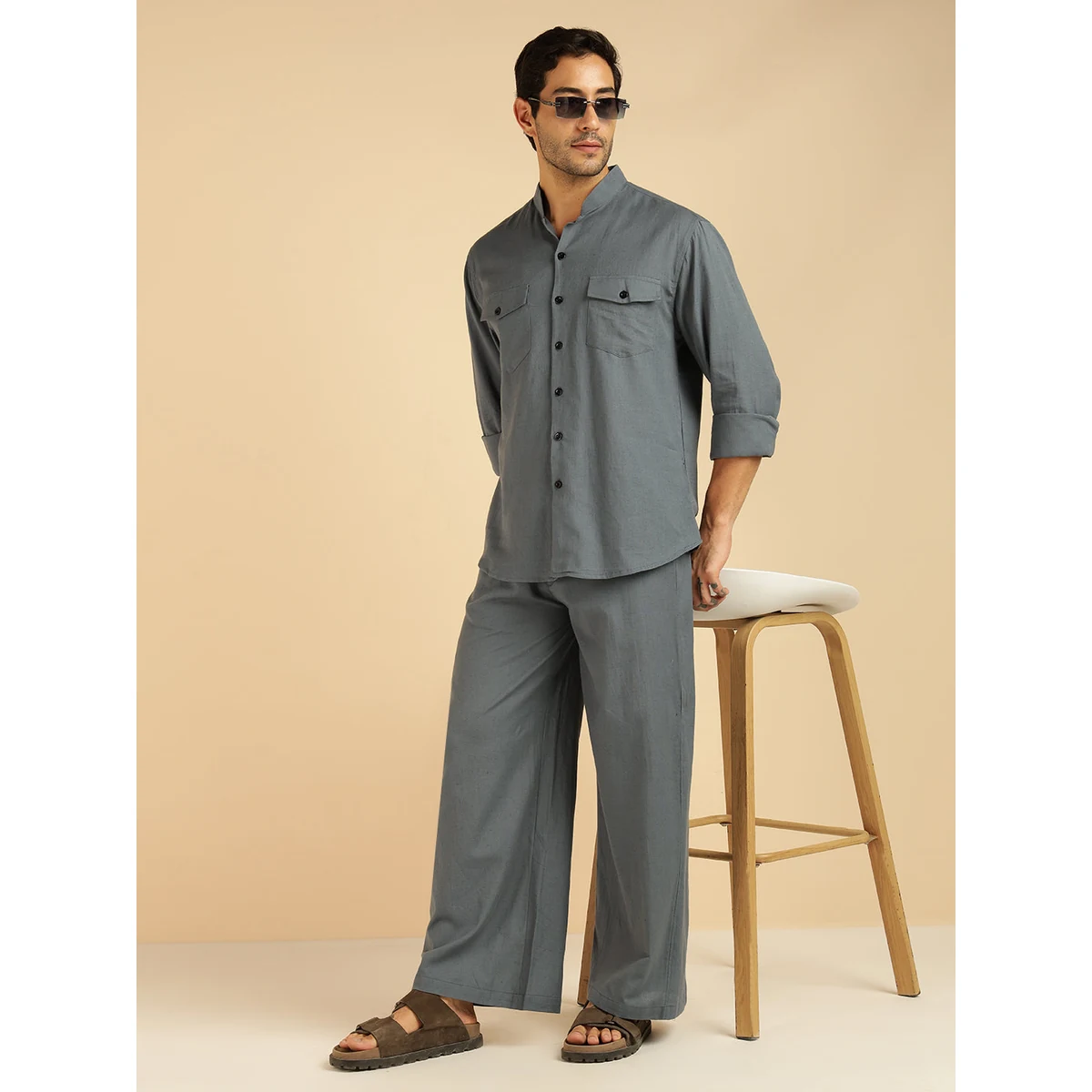 Premium Grey Solid Pure Cotton Shirt With Pants Co-Ord Set for Men image 1