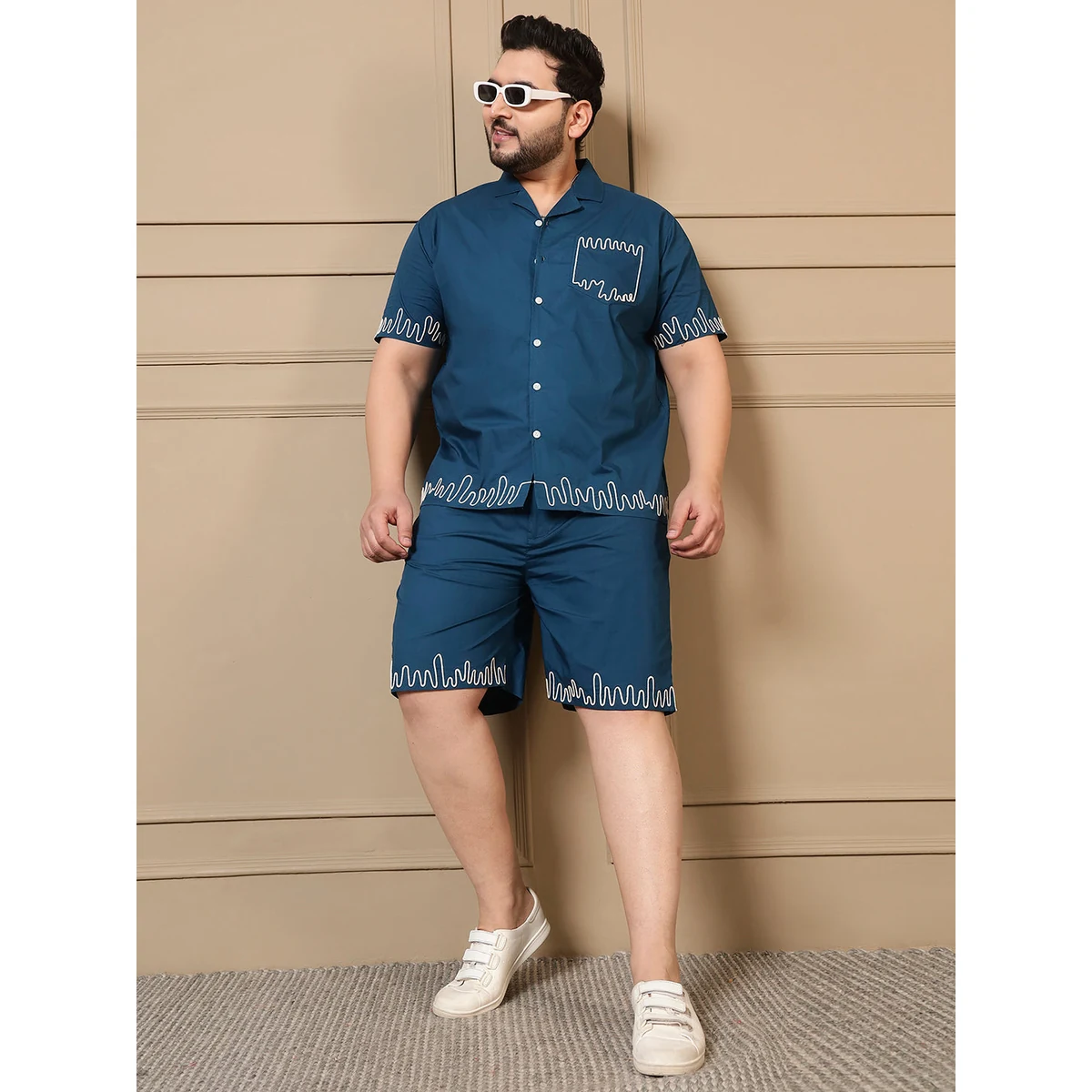Premium Teal Blue Cotton Embroidered Shirt With Shorts Men Plus Size Co-ord Set image 1