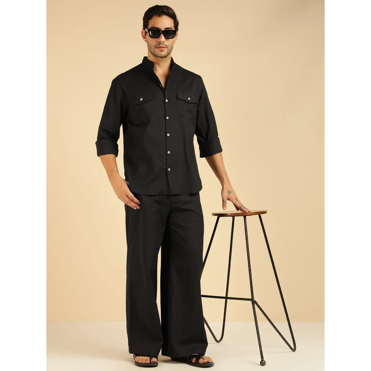 Premium Black Solid Pure Cotton Shirt With Pants Co-Ord Set for Men image 1