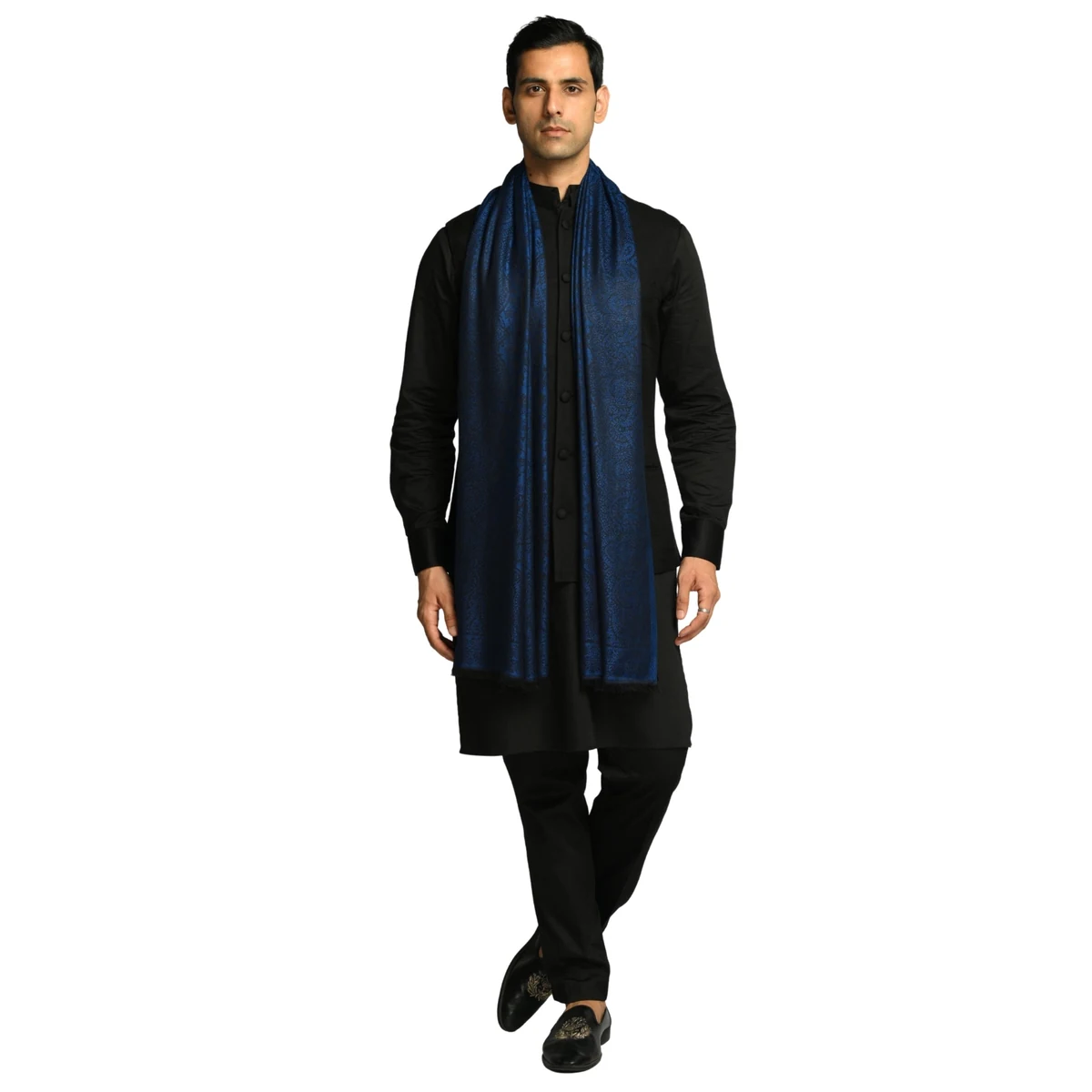 Premium Men's Navy Fine Weave Silk Jamawar Stole image 1