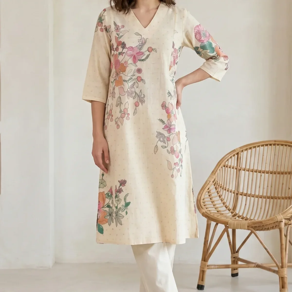 Beige Floral Printed Pure Cotton A-line Kurta with Pants Co-ord Set image 1