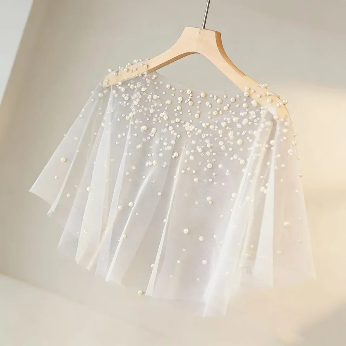 Ivory Pearl Bridal Capelet, Handmade Chiffon Wedding Shawl, Elegant Tulle Shoulder Cover Up image 1