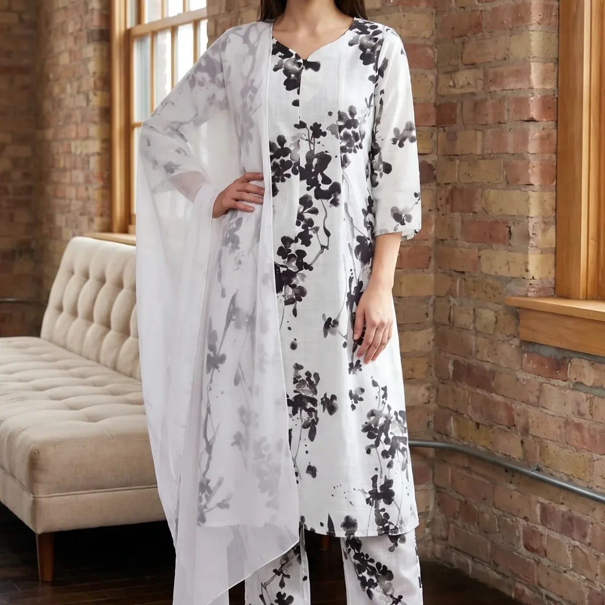 White Floral Printed Pure Cotton Straight Kurta With Pants and Dupatta Set image 1