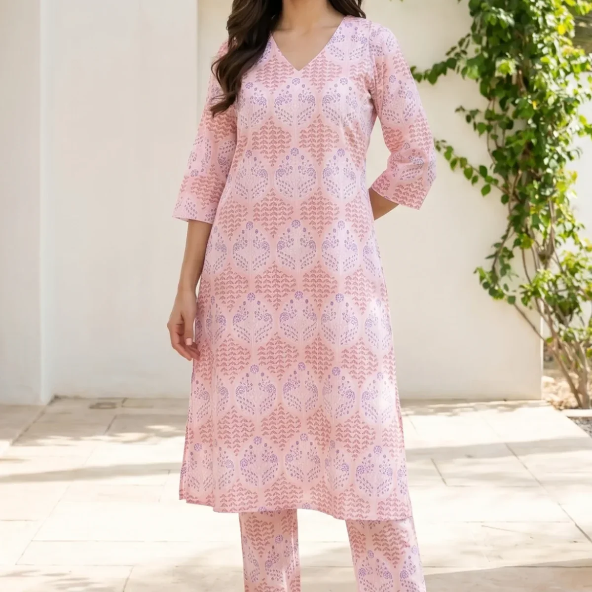 Pink Floral Printed Pure Cotton A-line Kurta with Pants Co-ord Set image 1