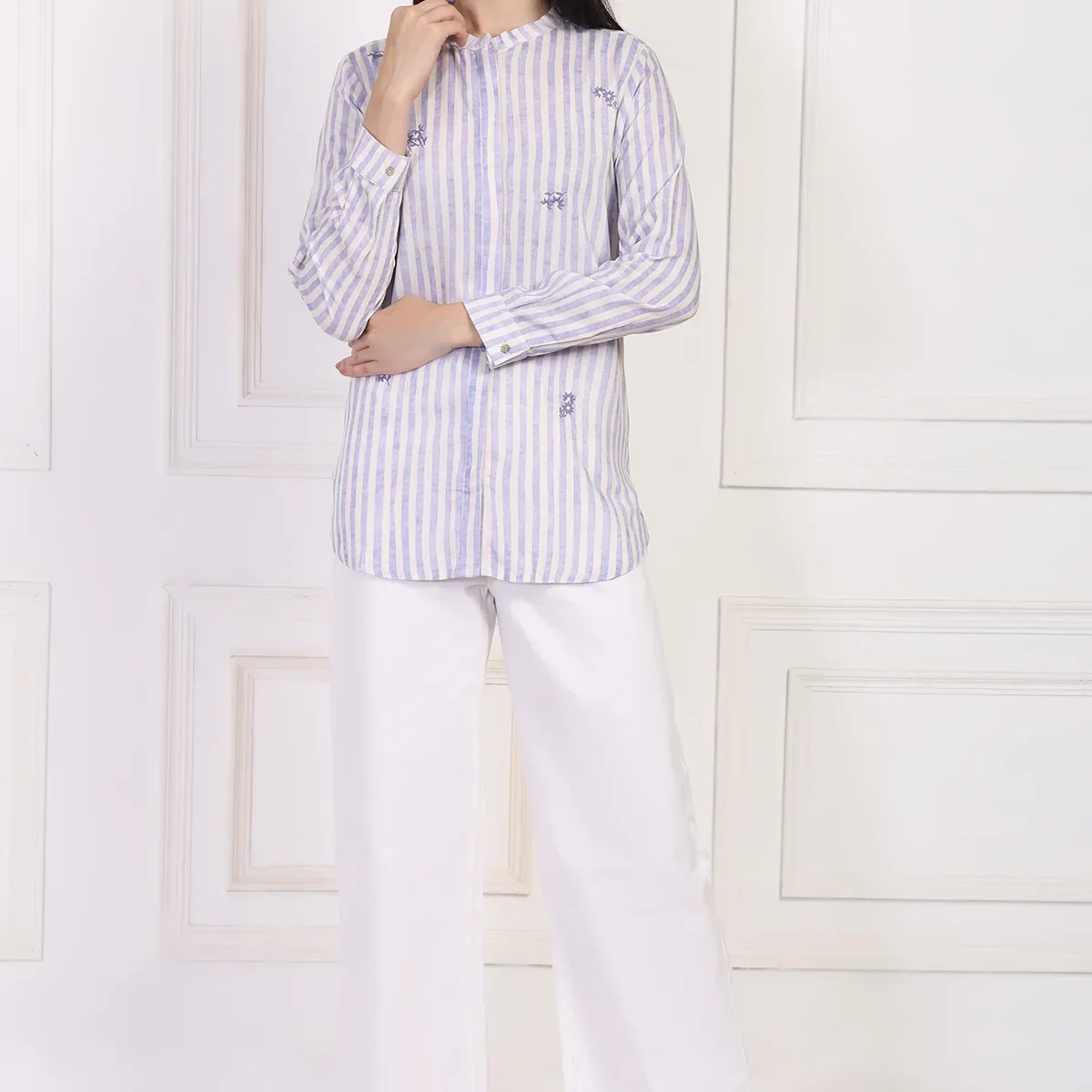 White Striped Printed Thread Embroidered Straight Top image 1
