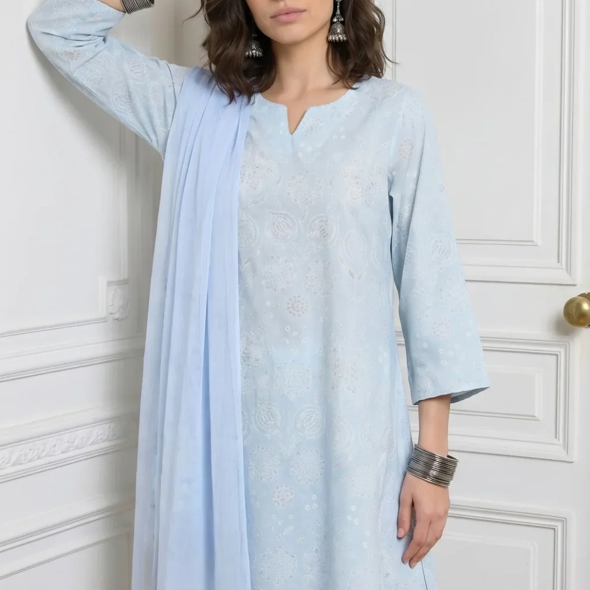 Blue Floral Printed Pure Cotton Straight Kurta With Pants and Dupatta Set image 1