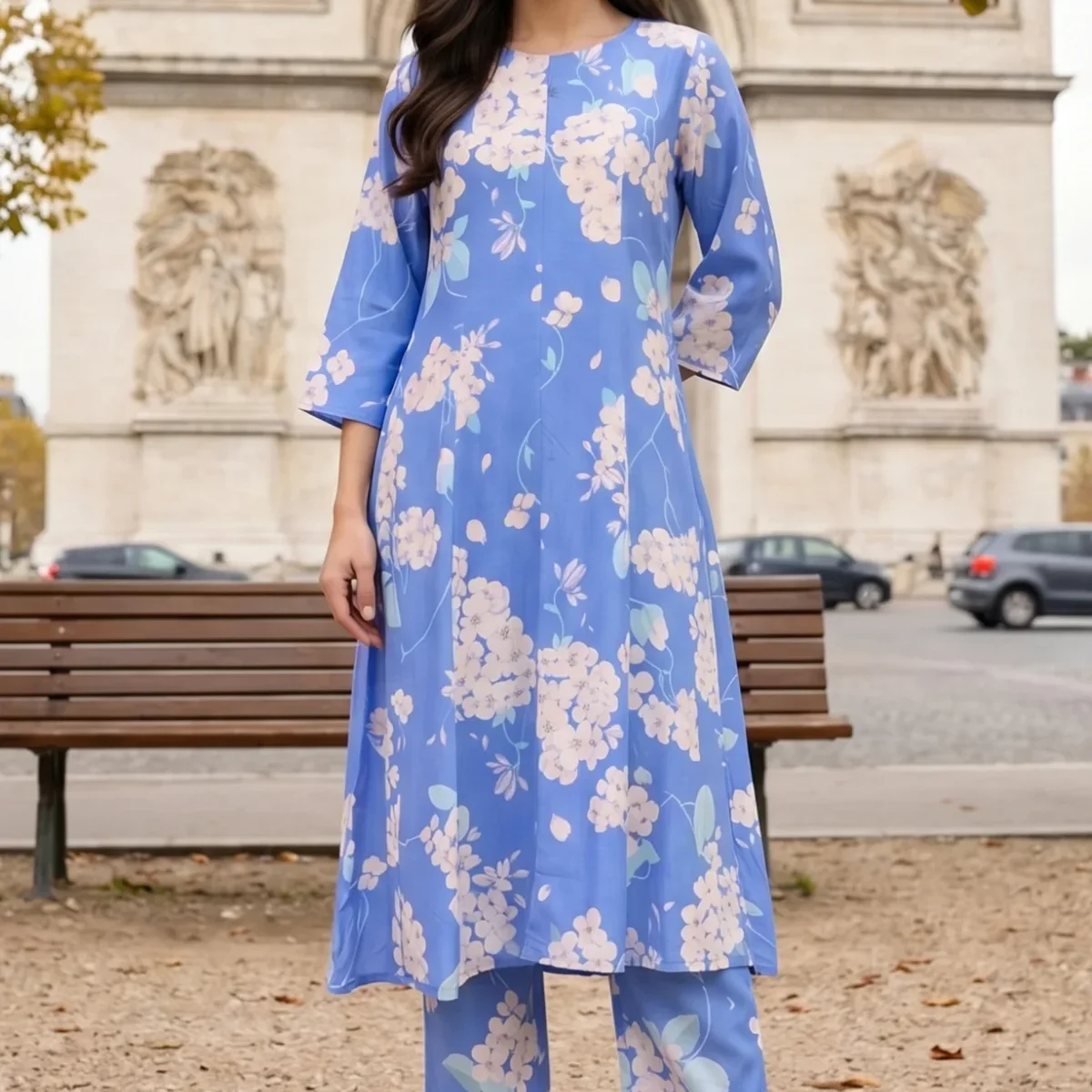 Blue Floral Printed Flared Kurta and Pants Co-ord Set image 1