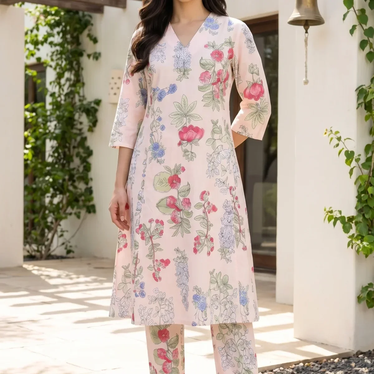 Peach Floral Printed Pure Cotton A-line Kurta with Pants Co-ord Set image 1
