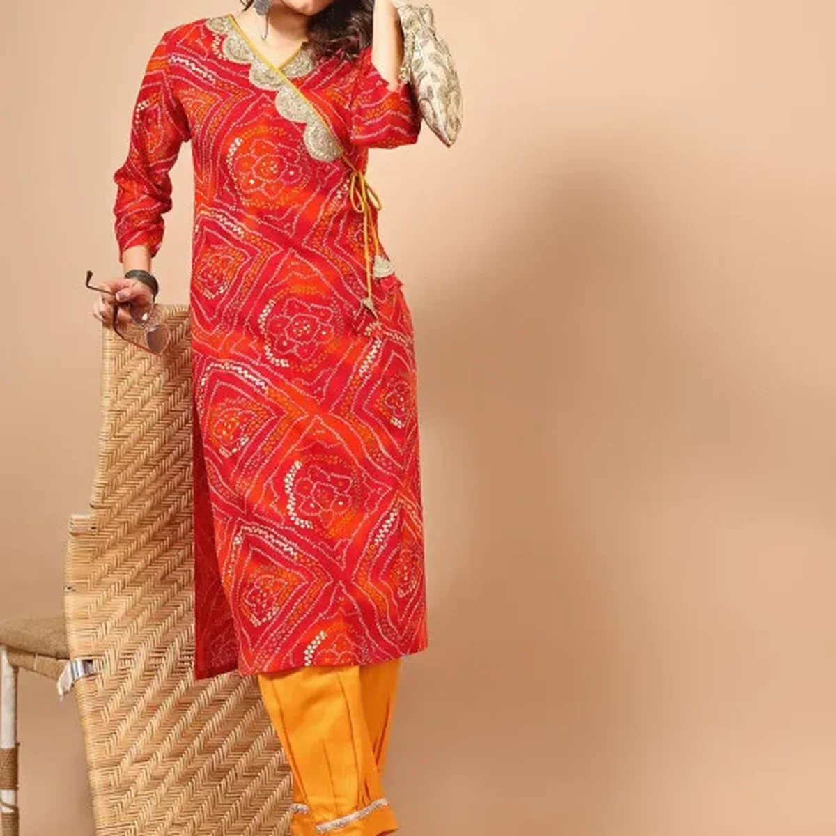 Red Bandhani Printed Angrakha Sequined Straight Kurta image 1