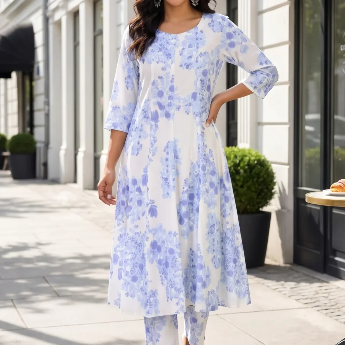 White Floral Printed Flared Kurta and Pants Co-ord Set image 1