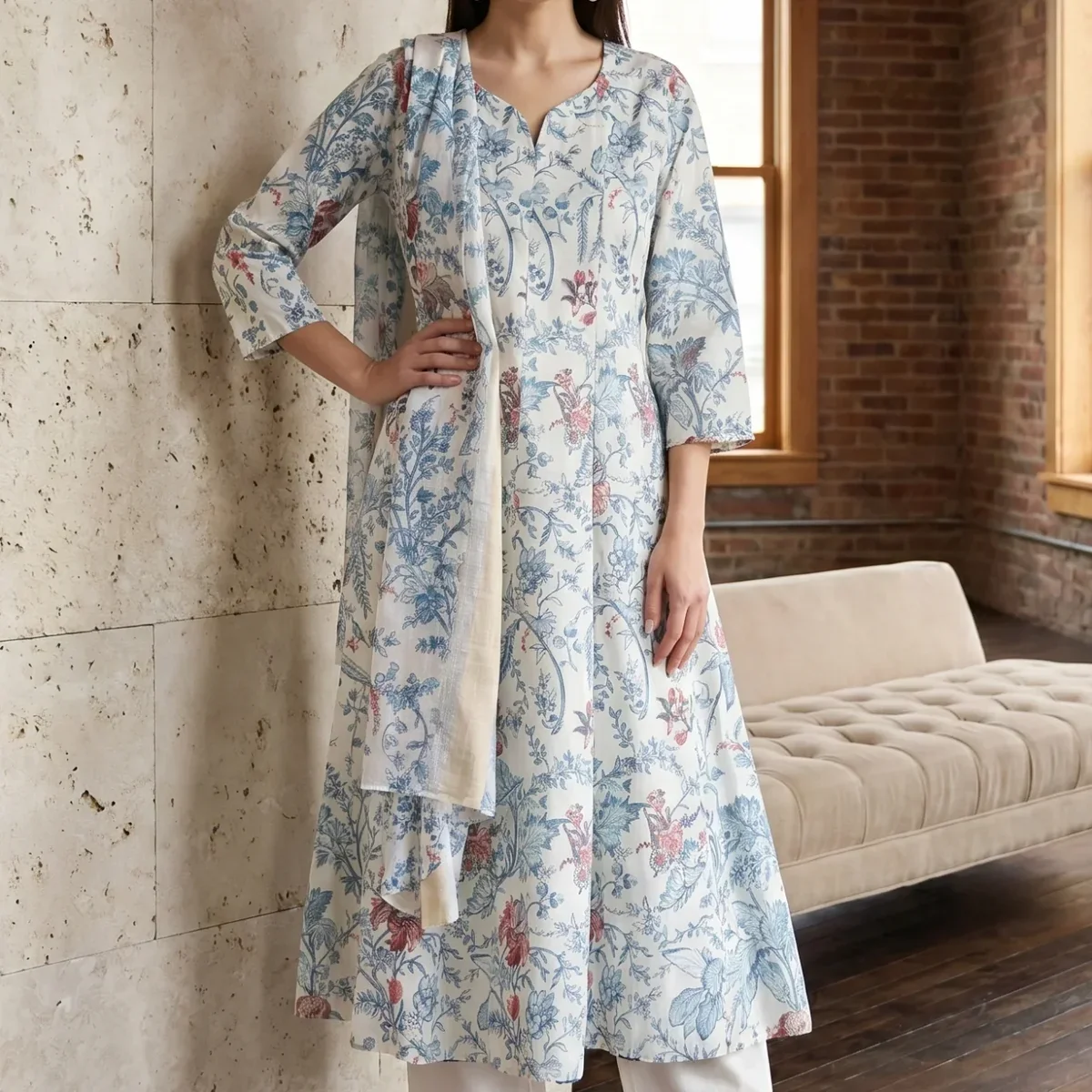 Off White Floral Printed Pure Cotton Straight Kurta With Pants and Dupatta Set image 1