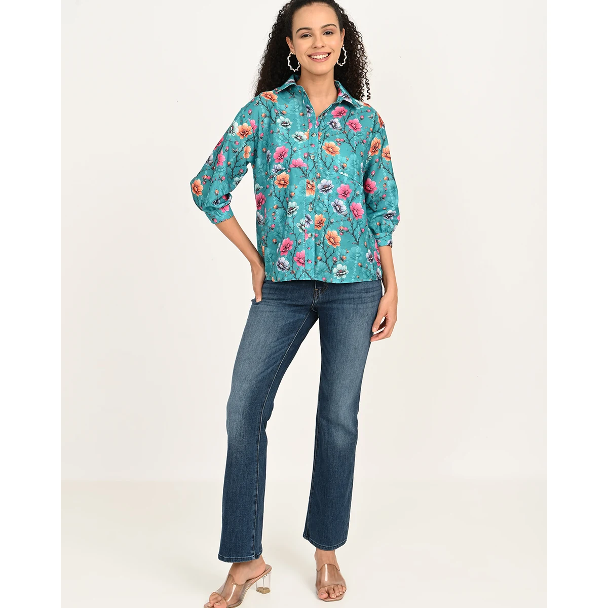 Premium Women’s Cotton Floral Top – Aqua Blue Maroon Digital Print image 1