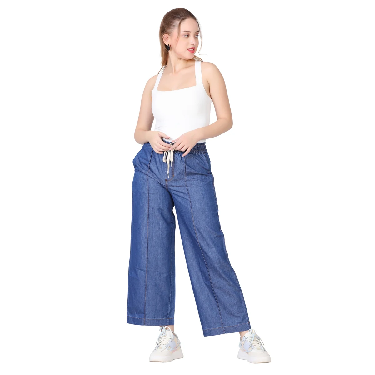 Premium Denim Wide Leg Pants - Denim Blue