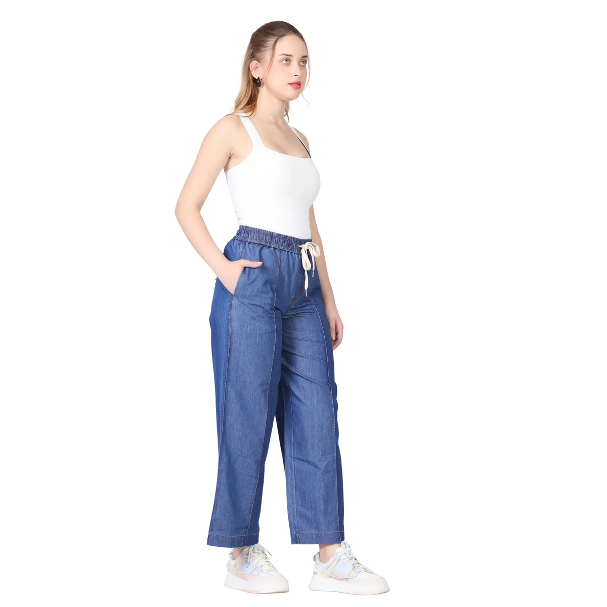 Premium Denim Wide Leg Pants - Denim Blue thumbnail 2
