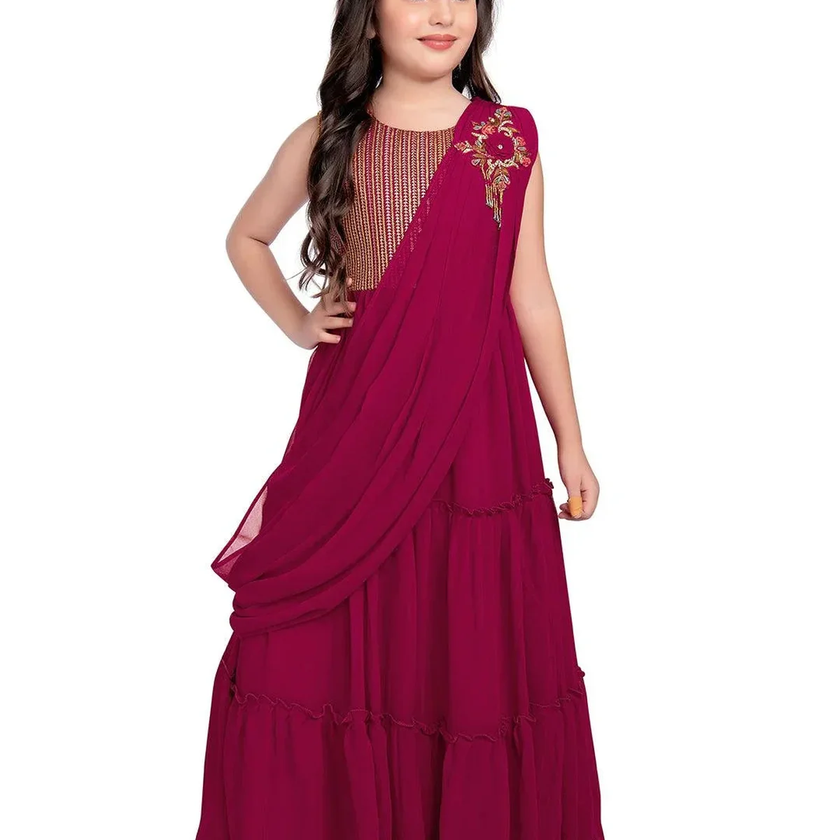 Rani Coloured Embroidered Georgette Saree Style Dupatta Gown For Girls
