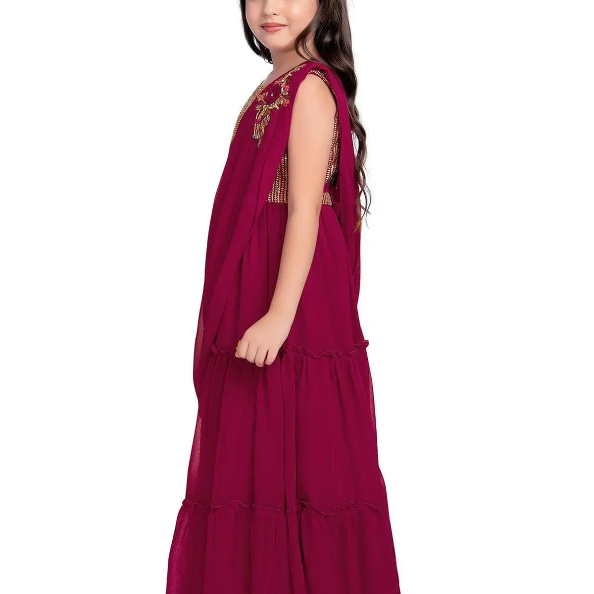 Rani Coloured Embroidered Georgette Saree Style Dupatta Gown For Girls thumbnail 2