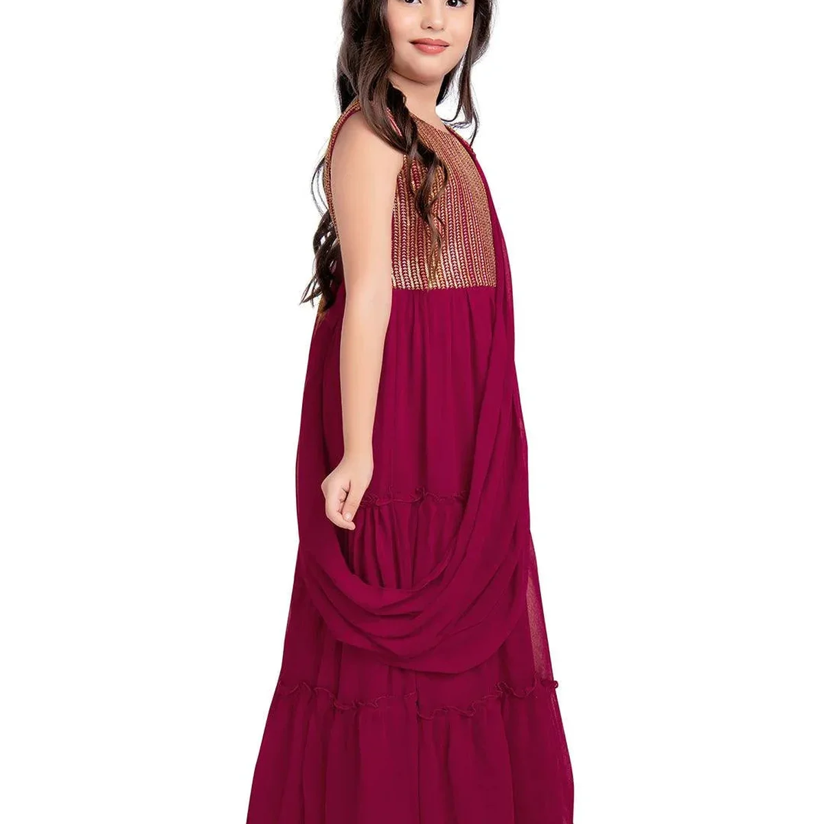 Rani Coloured Embroidered Georgette Saree Style Dupatta Gown For Girls thumbnail 3