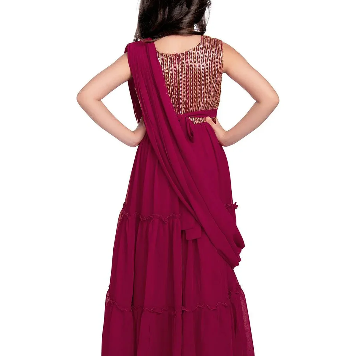 Rani Coloured Embroidered Georgette Saree Style Dupatta Gown For Girls thumbnail 4