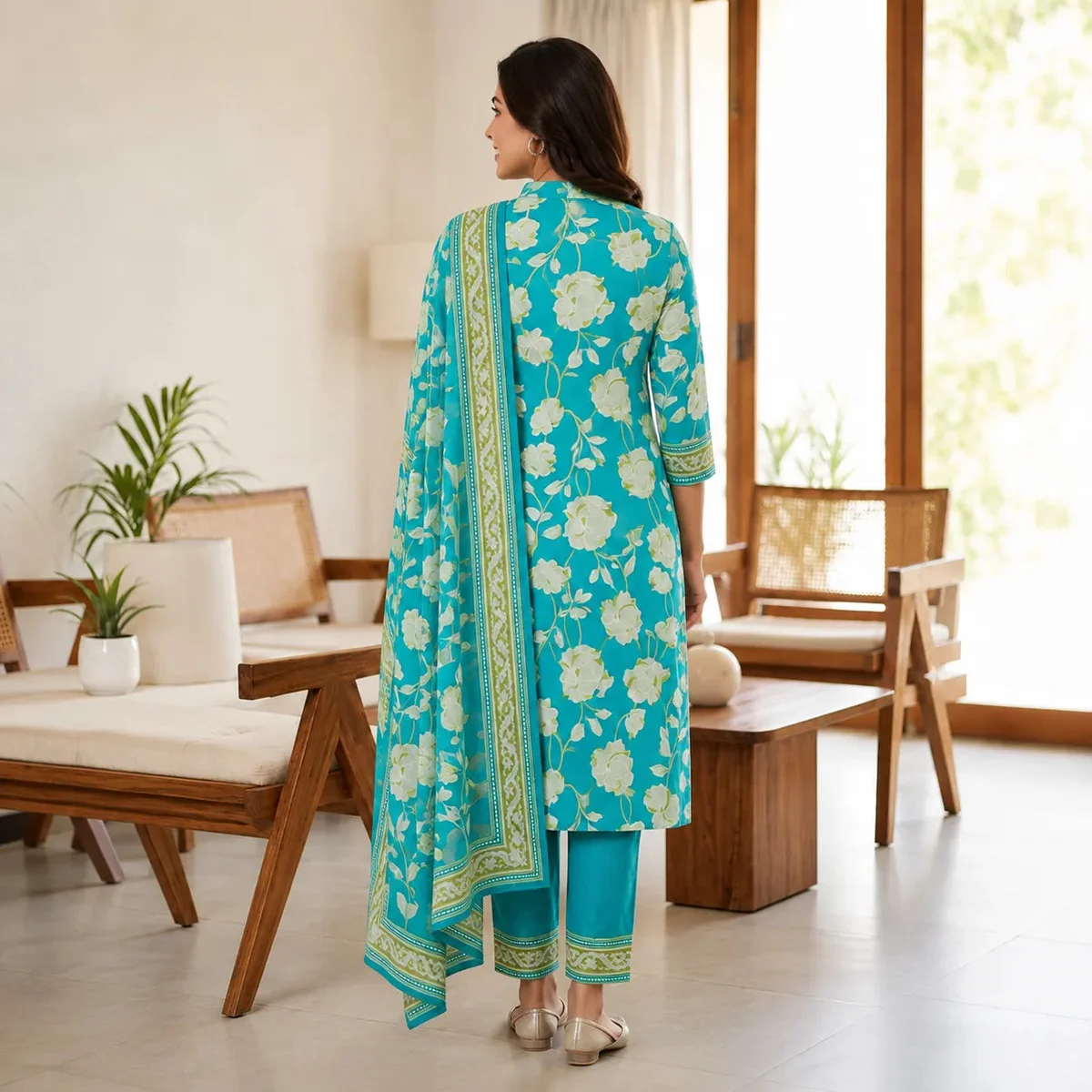 Women's Turquoise Blue Floral Printed Kurta Set with Dupatta thumbnail 2