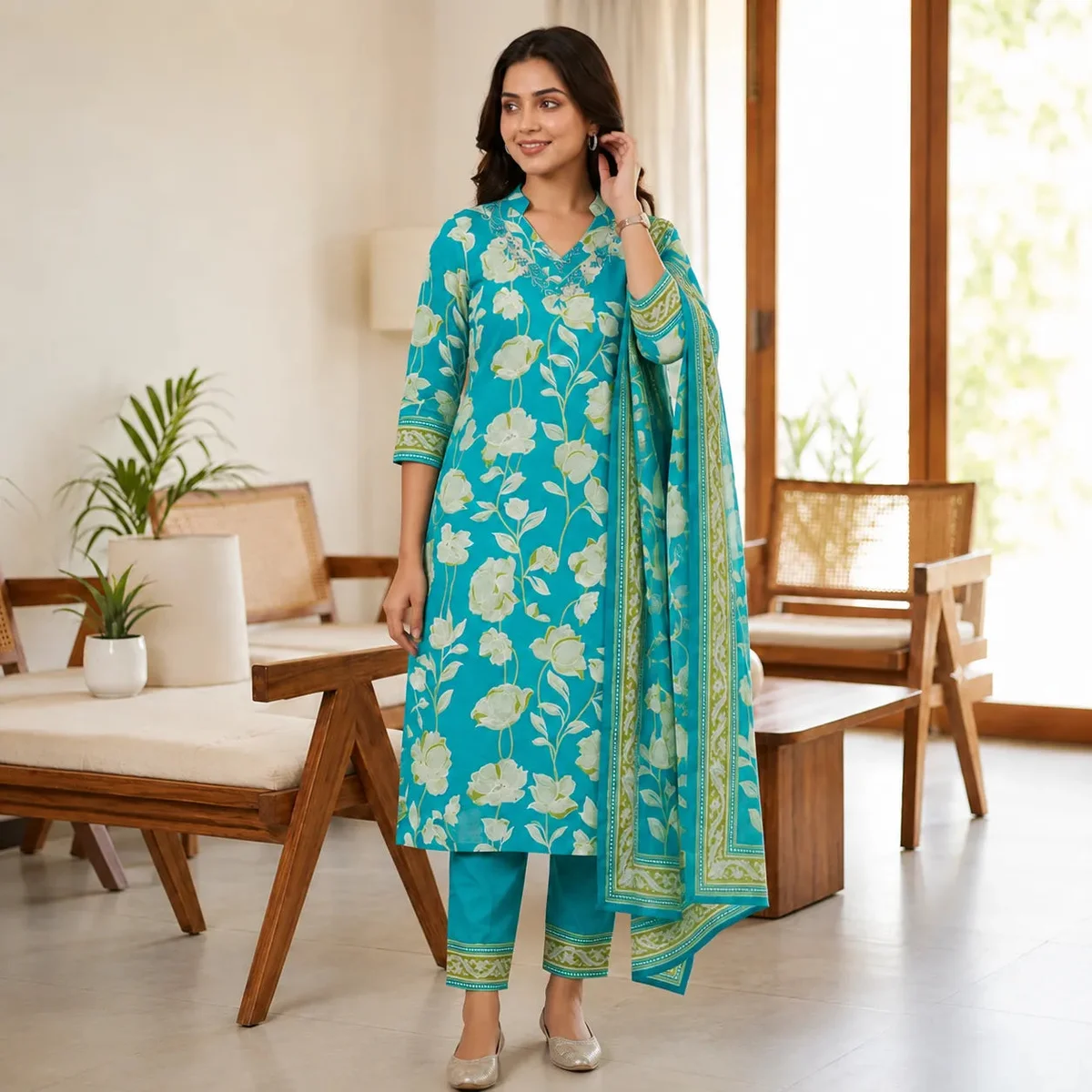 Women's Turquoise Blue Floral Printed Kurta Set with Dupatta thumbnail 3