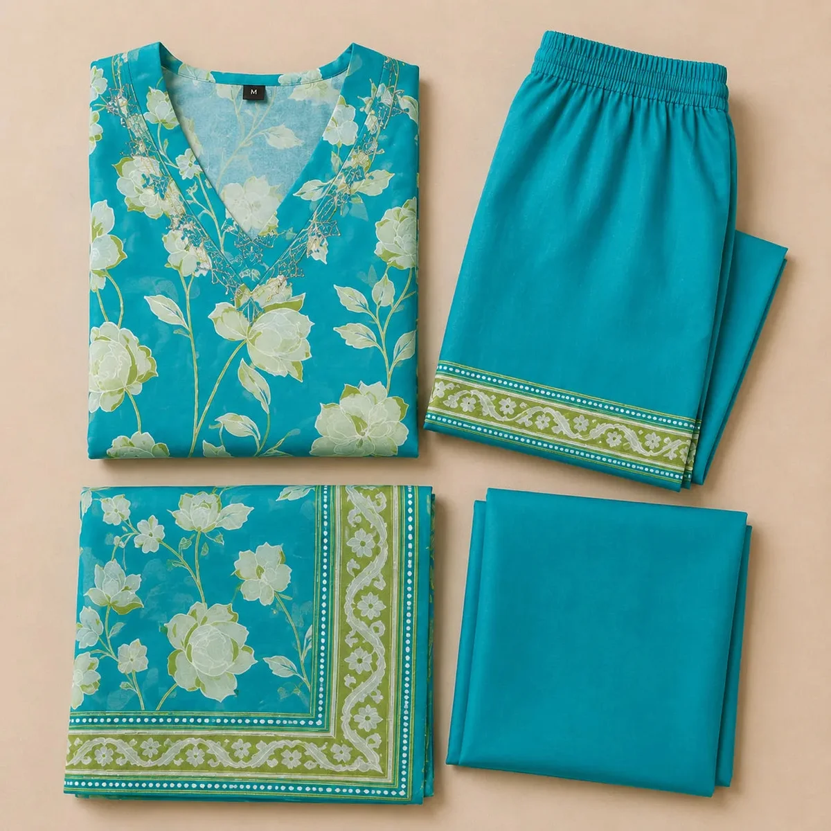 Women's Turquoise Blue Floral Printed Kurta Set with Dupatta thumbnail 4
