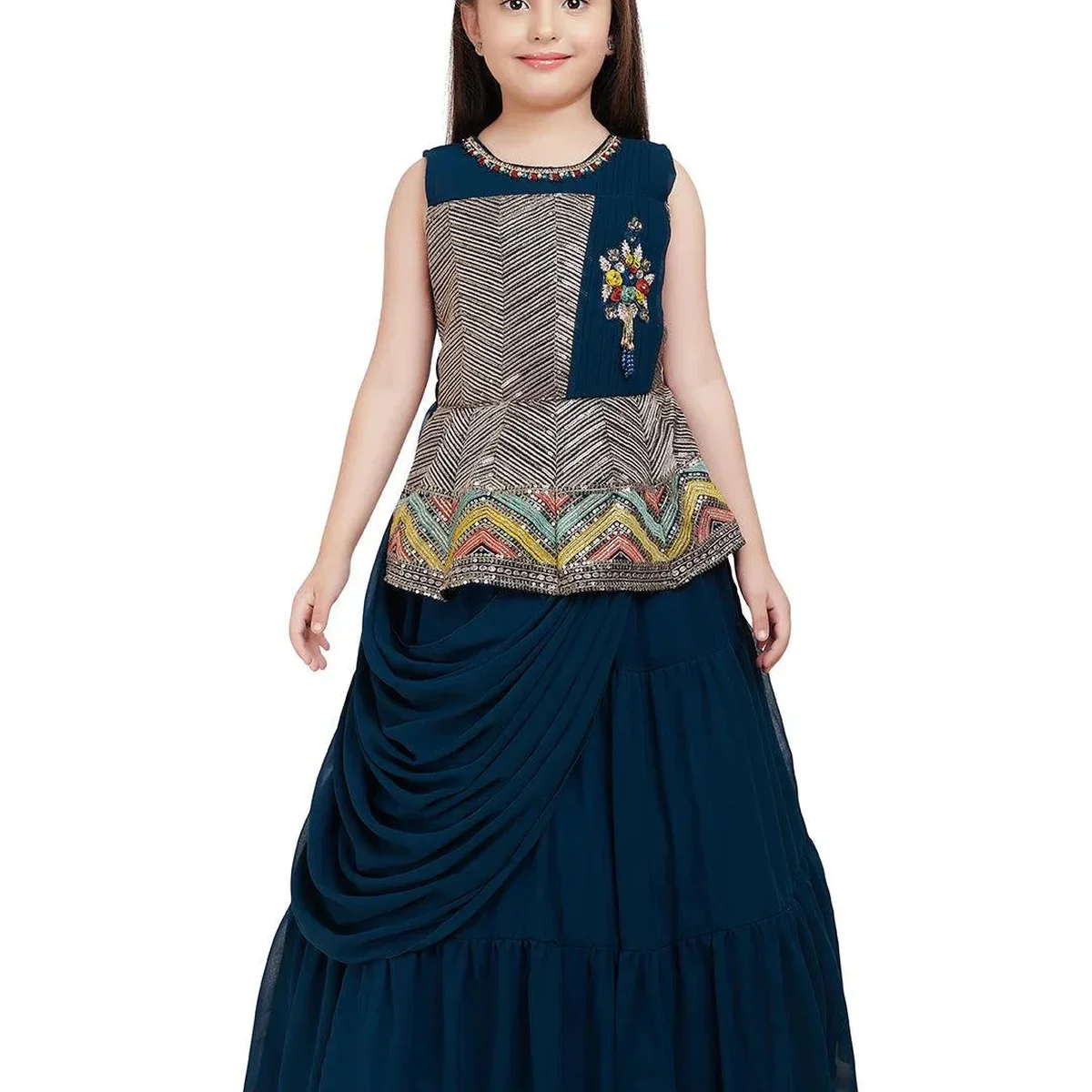 Peacock Blue Coloured Saree Styled Attached Dupatta Gown For Girls