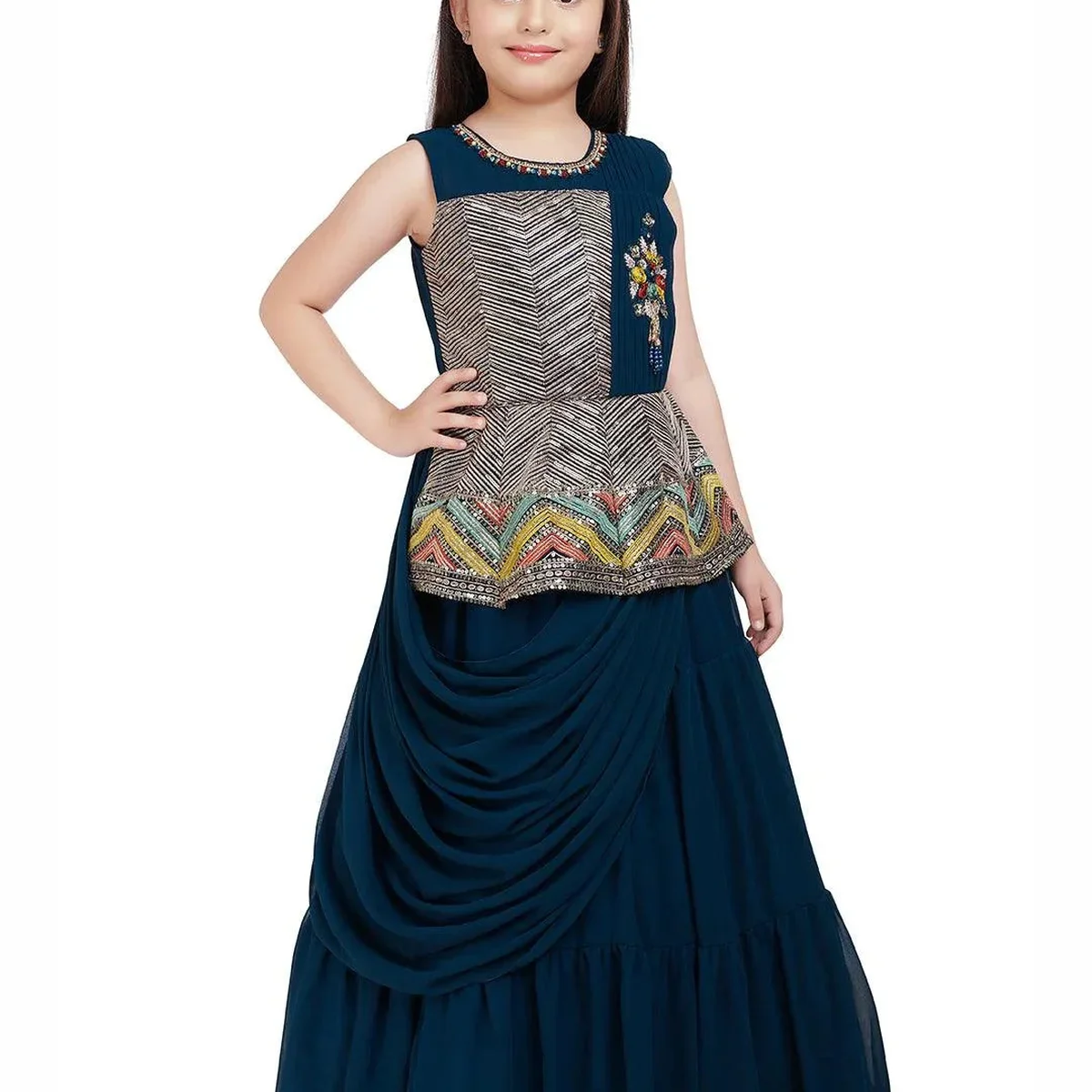 Peacock Blue Coloured Saree Styled Attached Dupatta Gown For Girls thumbnail 2