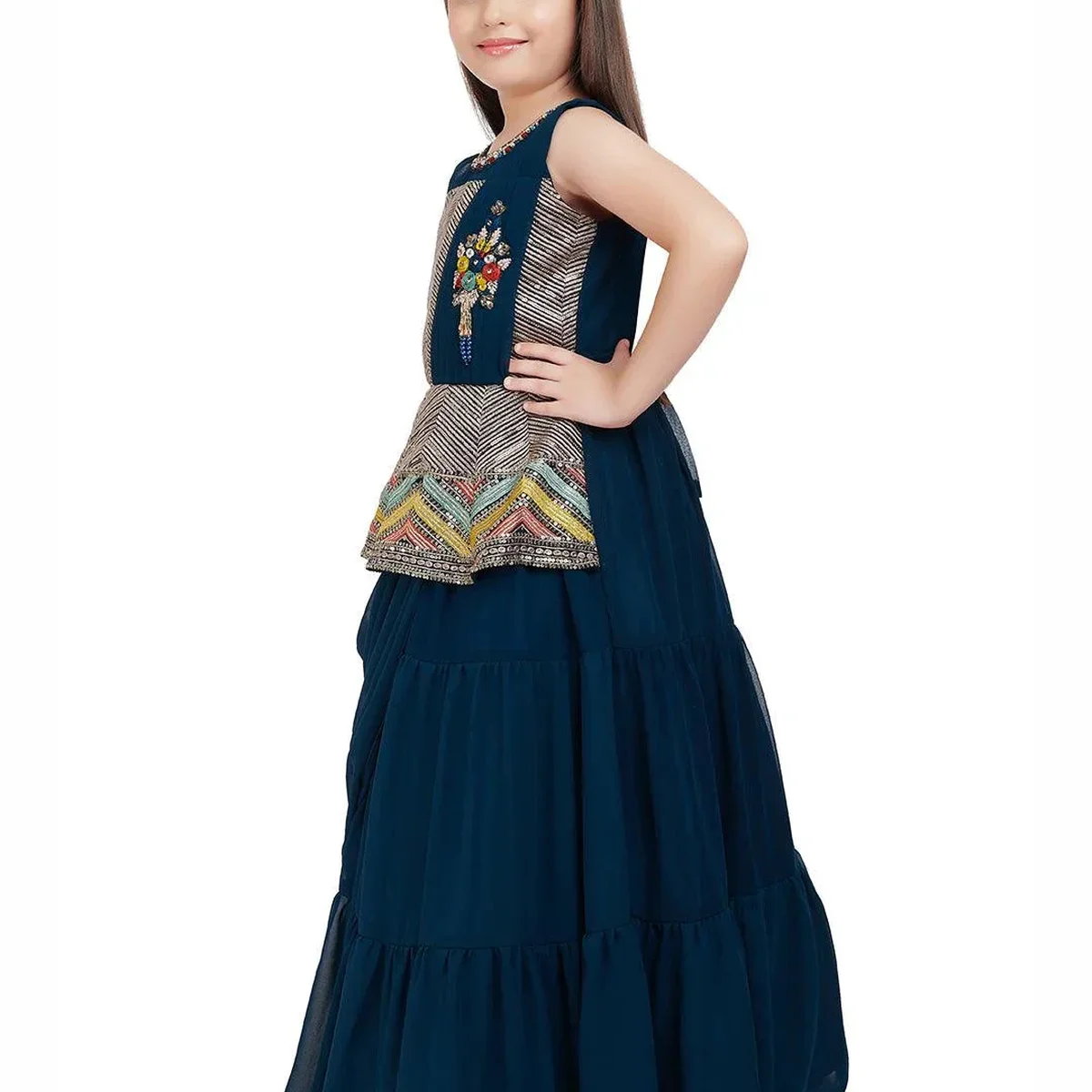 Peacock Blue Coloured Saree Styled Attached Dupatta Gown For Girls thumbnail 3