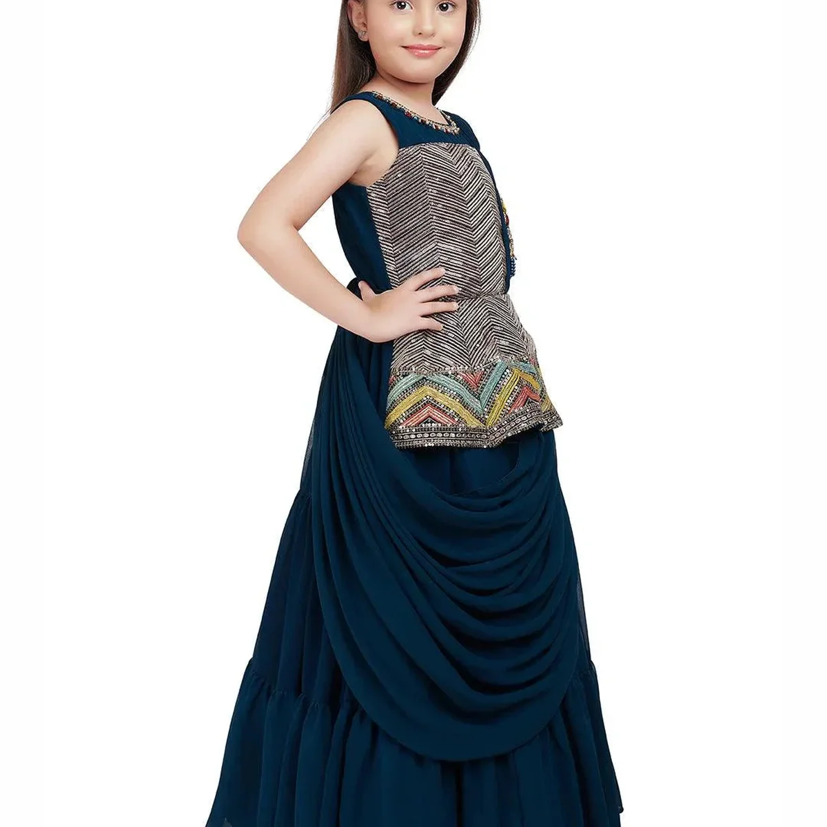 Peacock Blue Coloured Saree Styled Attached Dupatta Gown For Girls thumbnail 4