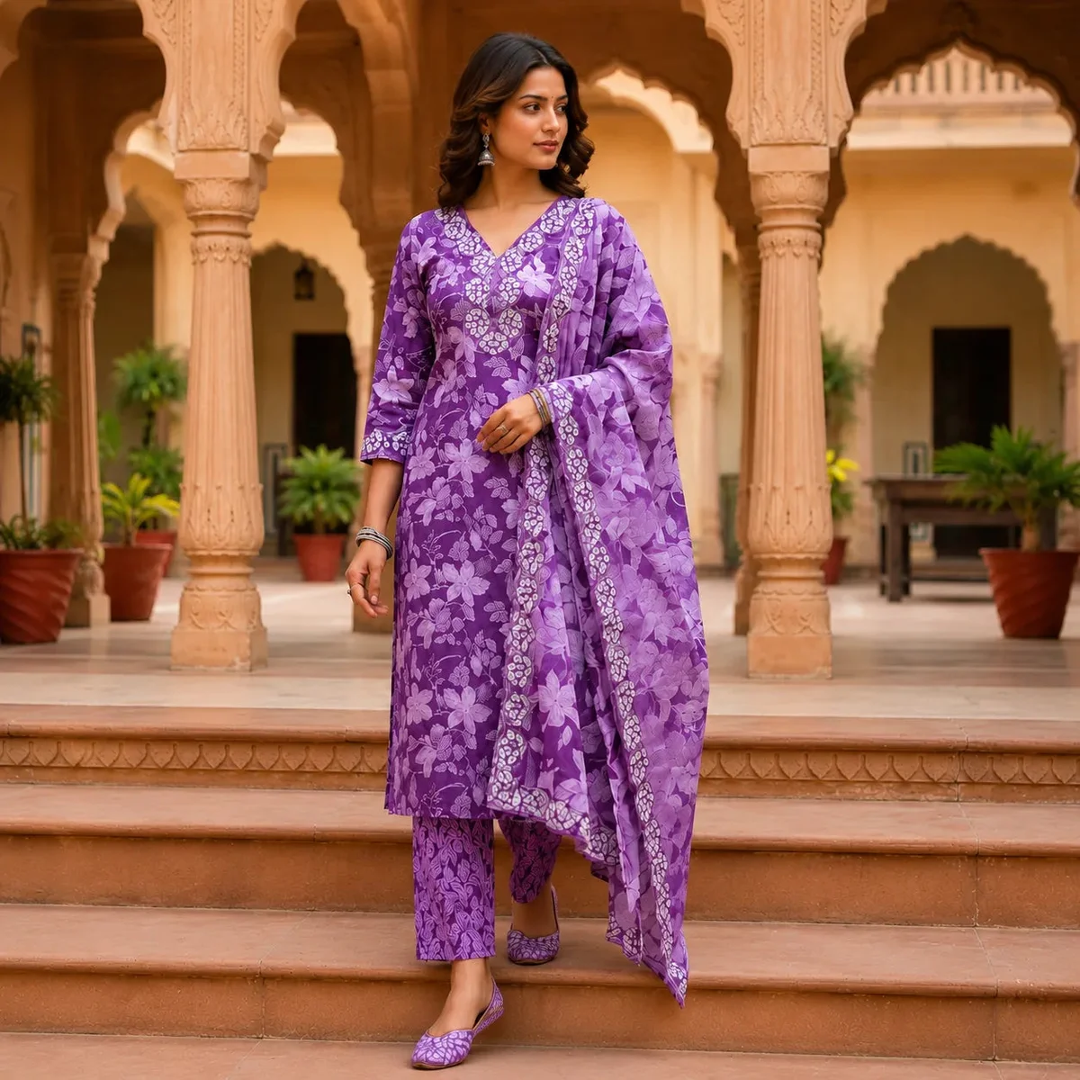 Women's Lavender Floral Printed Kurta Set with Dupatta thumbnail 3
