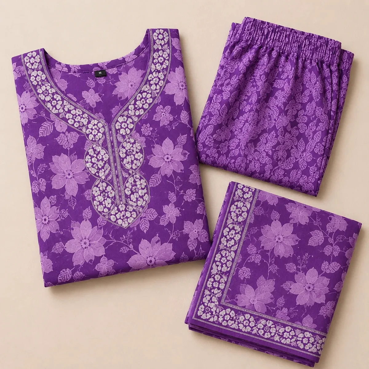Women's Lavender Floral Printed Kurta Set with Dupatta thumbnail 4