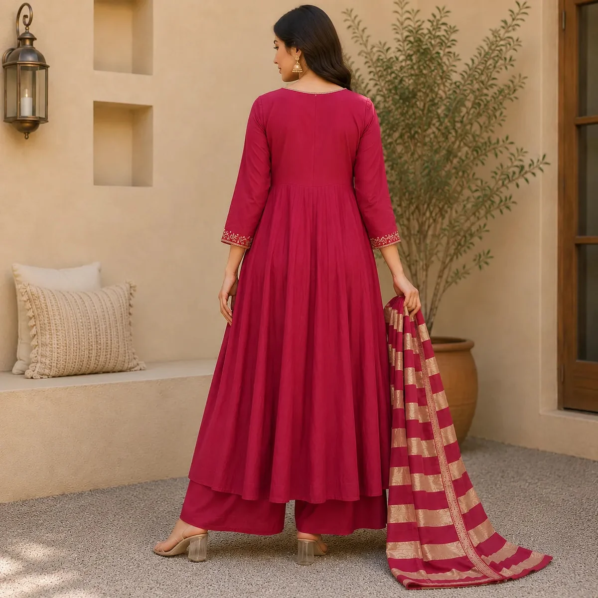 Women's Wine Embroidered Anarkali Kurta Set with Striped Dupatta thumbnail 2