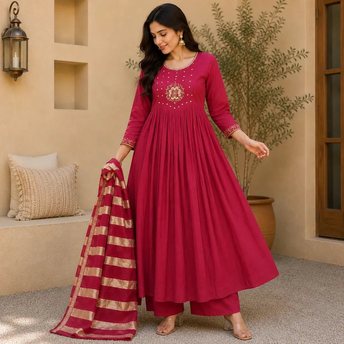 Women's Wine Embroidered Anarkali Kurta Set with Striped Dupatta thumbnail 3