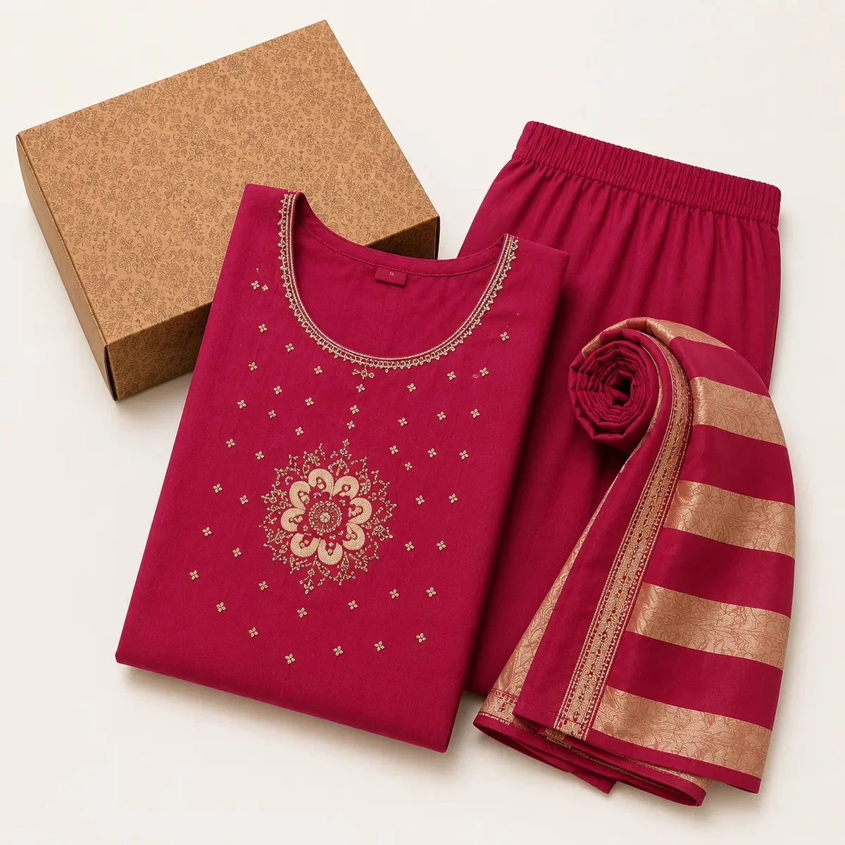 Women's Wine Embroidered Anarkali Kurta Set with Striped Dupatta thumbnail 4