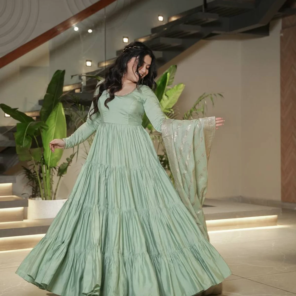 Saanira Premium Roman Silk Chanderi Anarkali Gown Set