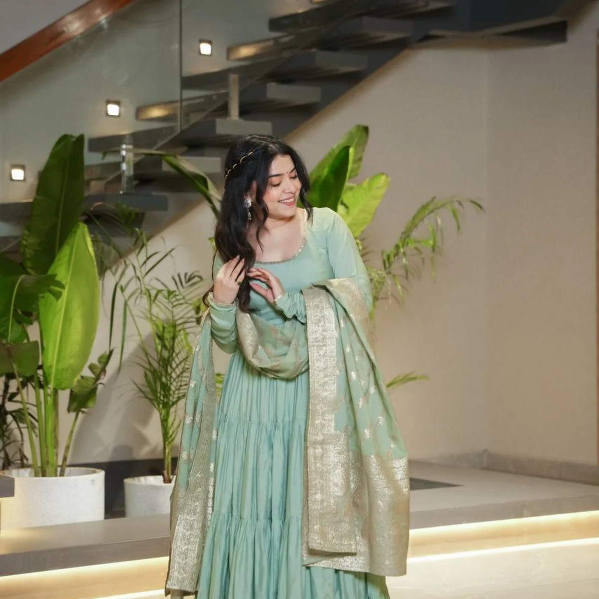 Saanira Premium Roman Silk Chanderi Anarkali Gown Set thumbnail 2