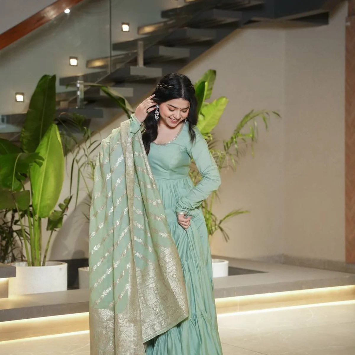 Saanira Premium Roman Silk Chanderi Anarkali Gown Set thumbnail 4