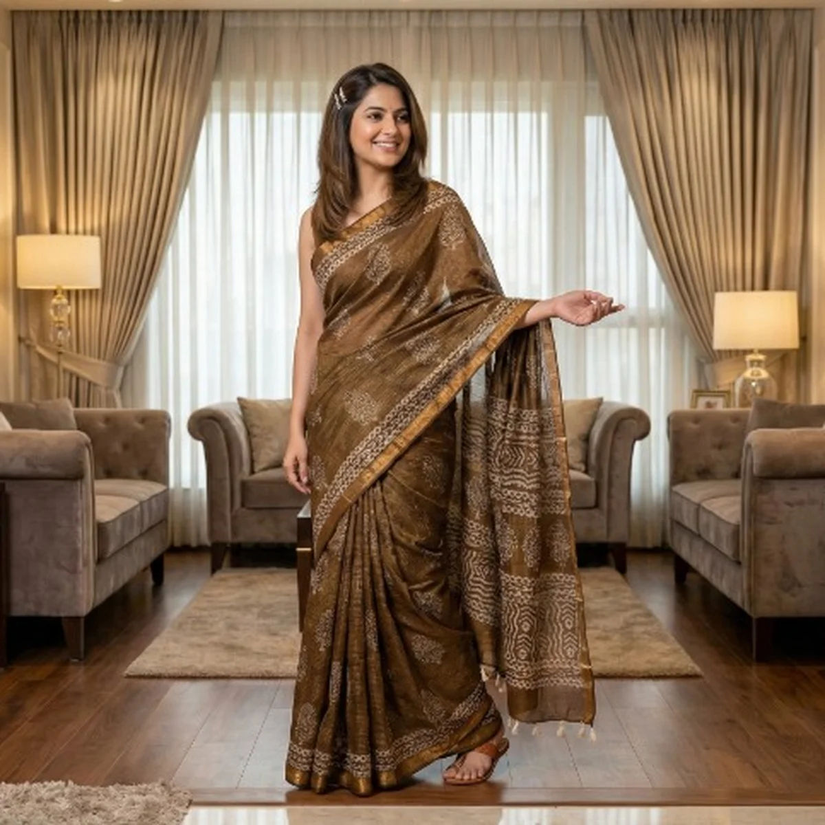 Chocolate Brown Maheshwari cotton Saree